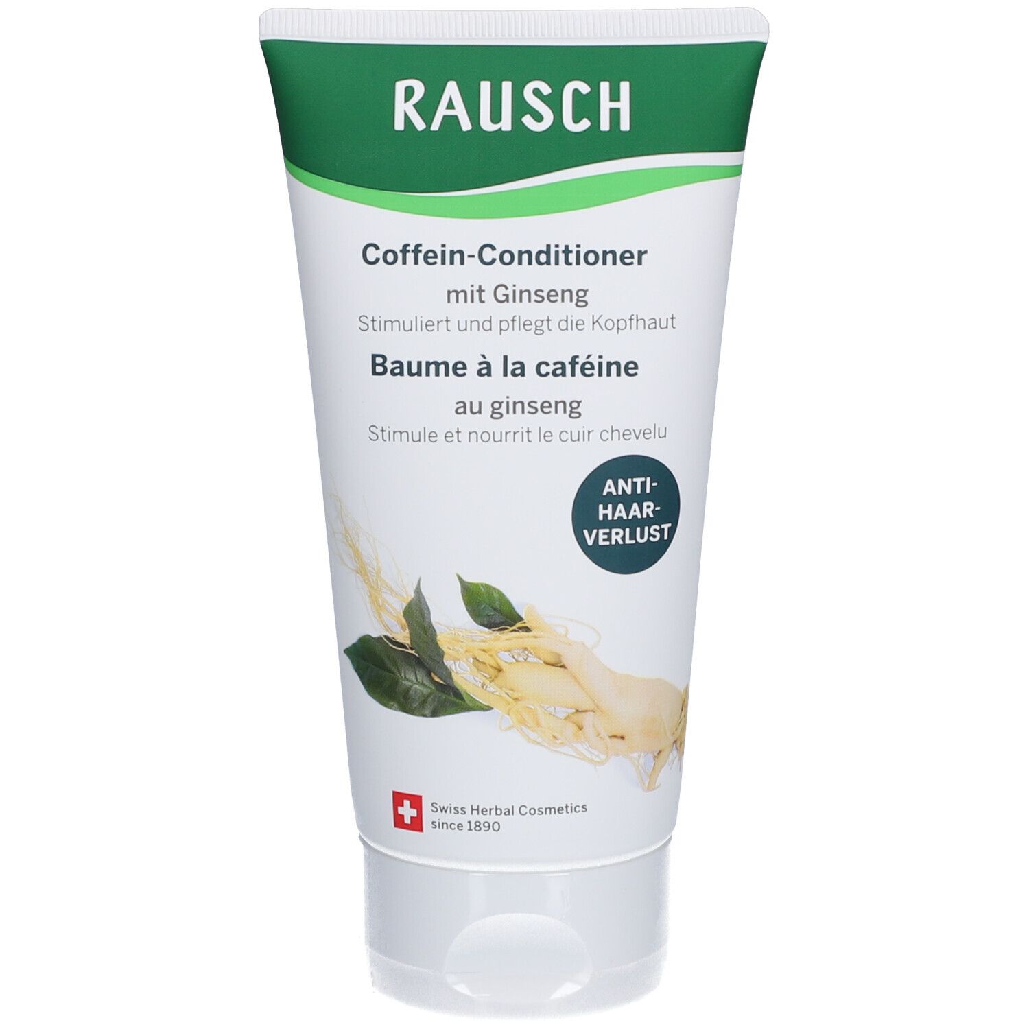 Wit-groene tube. Opschrift: RAUSCH, Coffein-Conditioner mit Ginseng. Illustratie van ginsengwortel en bladeren. Anti-haaruitval-zegel.