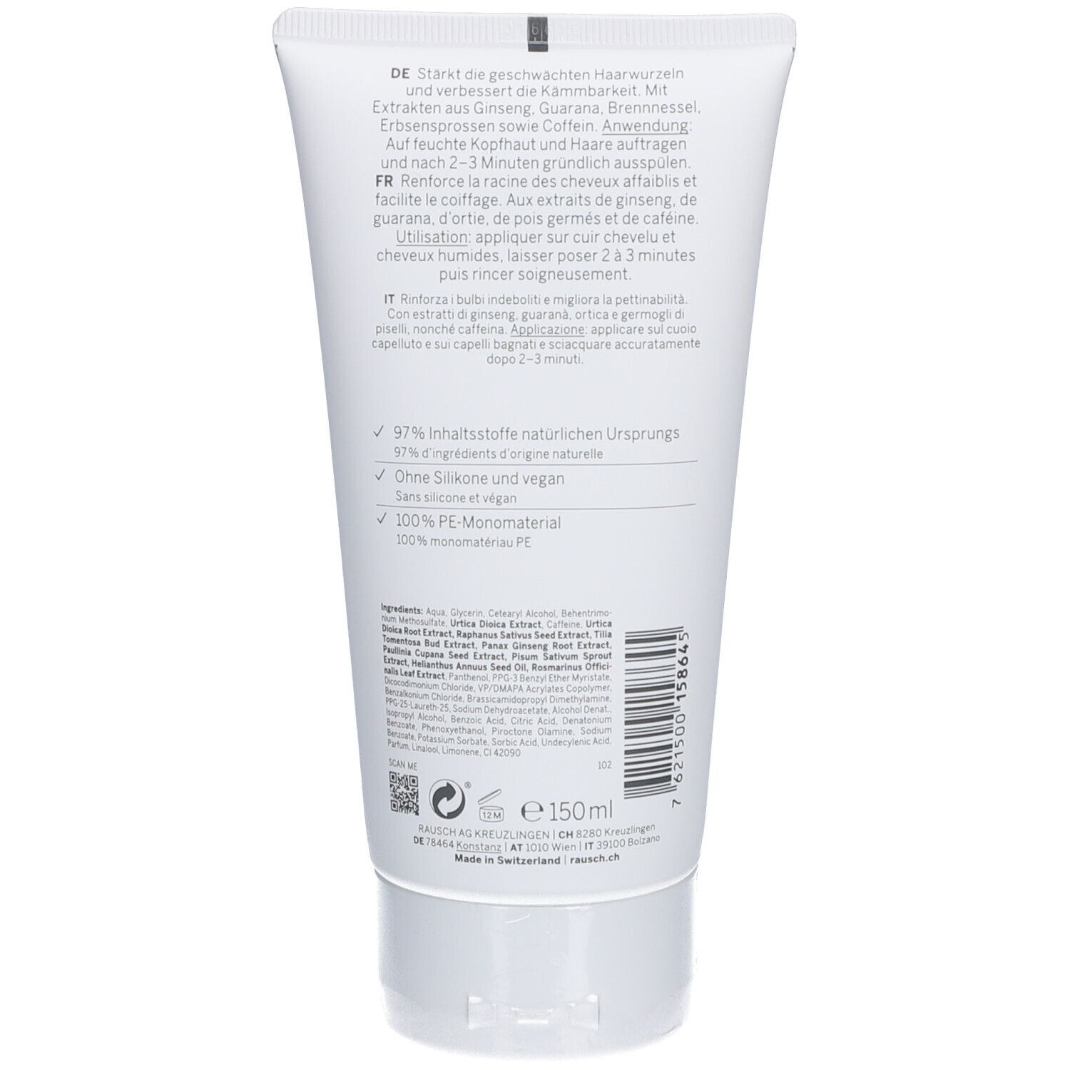 Achterkant van de tube. Tekst in het Duits, Frans, Italiaans. Bevat informatie over ingrediënten en gebruik. 150ml-aanduiding.