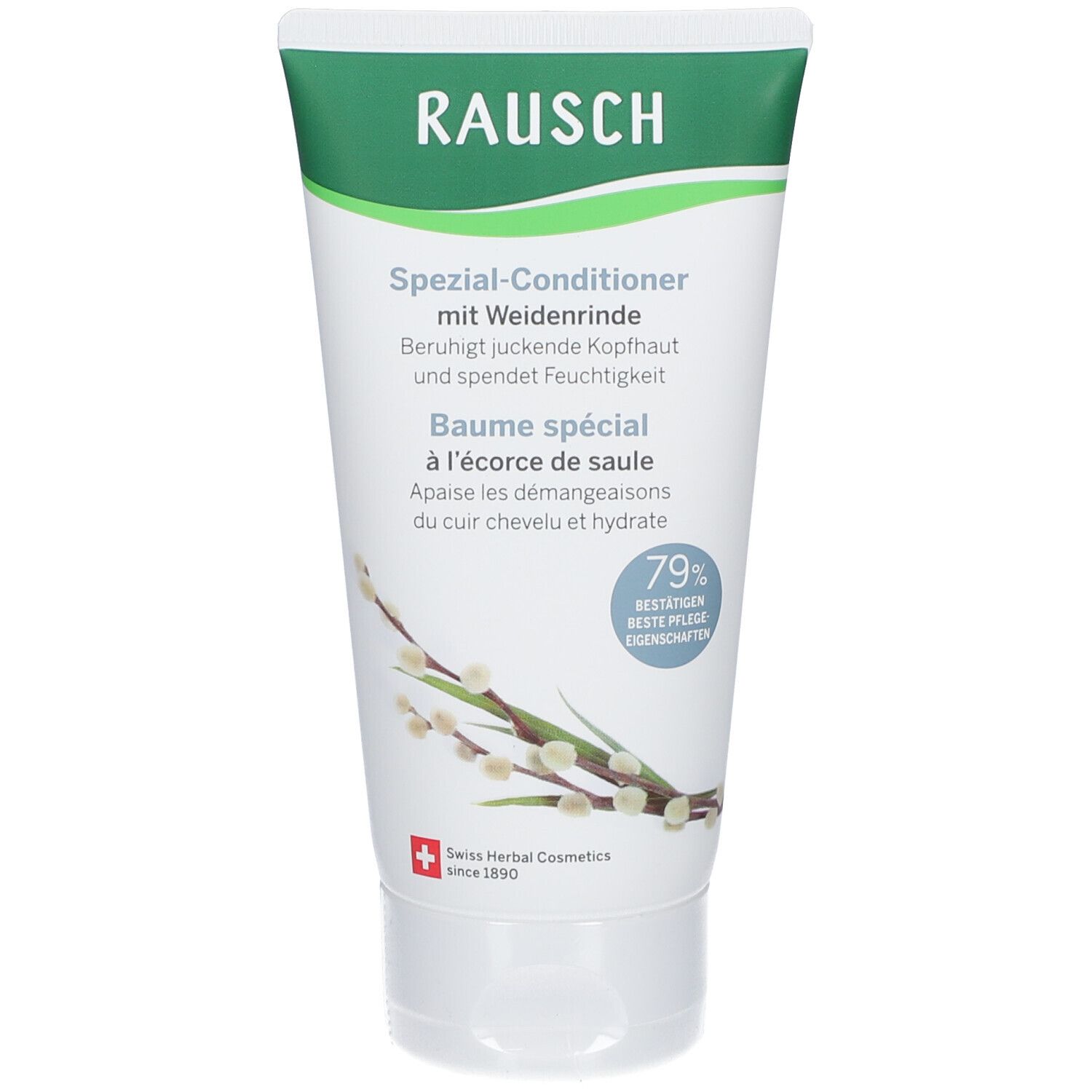 Tube blanc et vert. Inscription: RAUSCH Spezial-Conditioner mit Weidenrinde. 79% propriétés de soin confirmées. Cosmétiques aux herbes suisses.