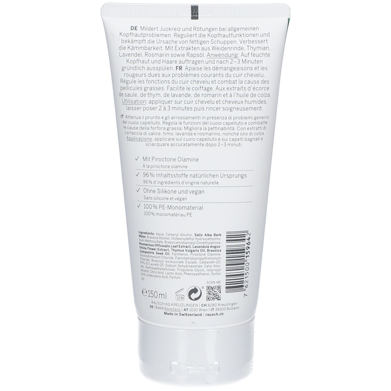 Dos du tube. Texte en allemand, français, italien. Ingrédients, 96% d'origine naturelle, végétalien, sans silicone.