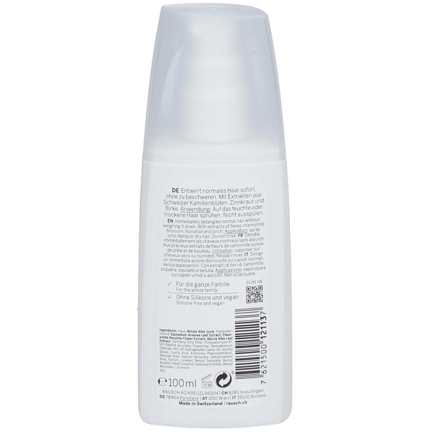 Achterkant van de sprayfles. Tekst in meerdere talen. QR-code en barcode. Zwitserse kruiden cosmetica.