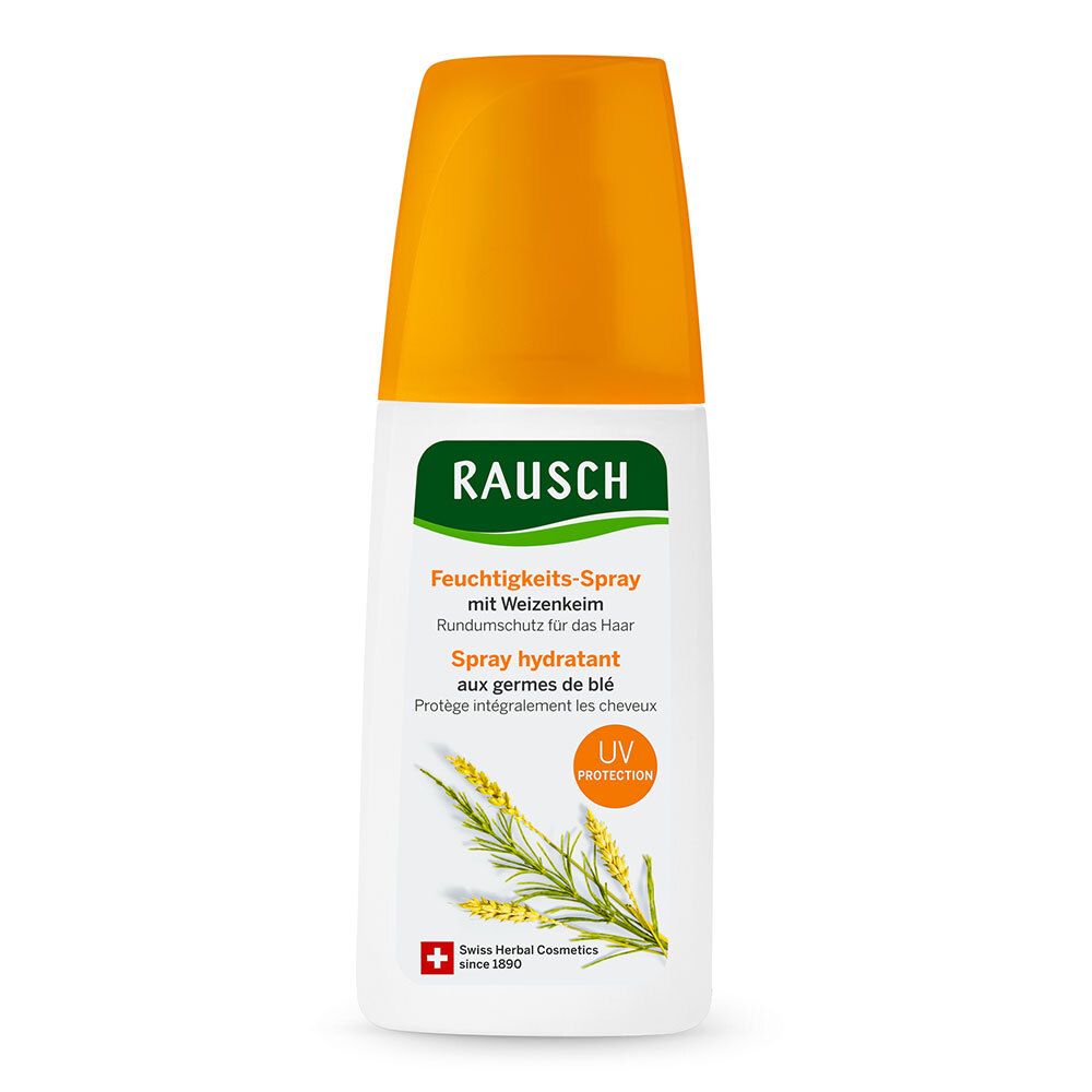 Spray blanc avec bouchon jaune. Inscription RAUSCH, Spray hydratant aux germes de blé. Logo protection UV. Cosmétiques suisses aux herbes.