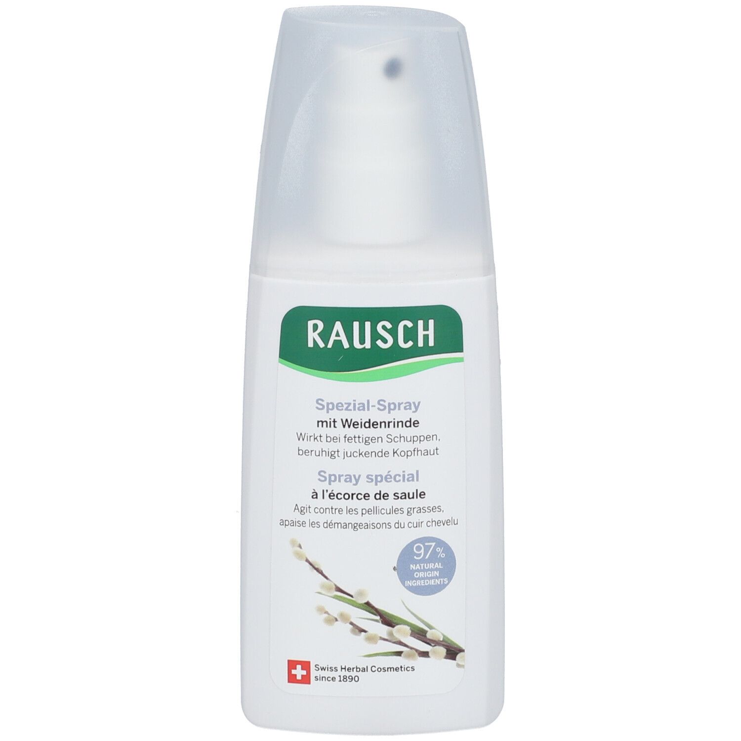 Spray blanc avec étiquette verte. Inscription : RAUSCH, Spray spécial à l'écorce de saule. 97% ingrédients naturels. Cosmétiques suisses aux herbes.