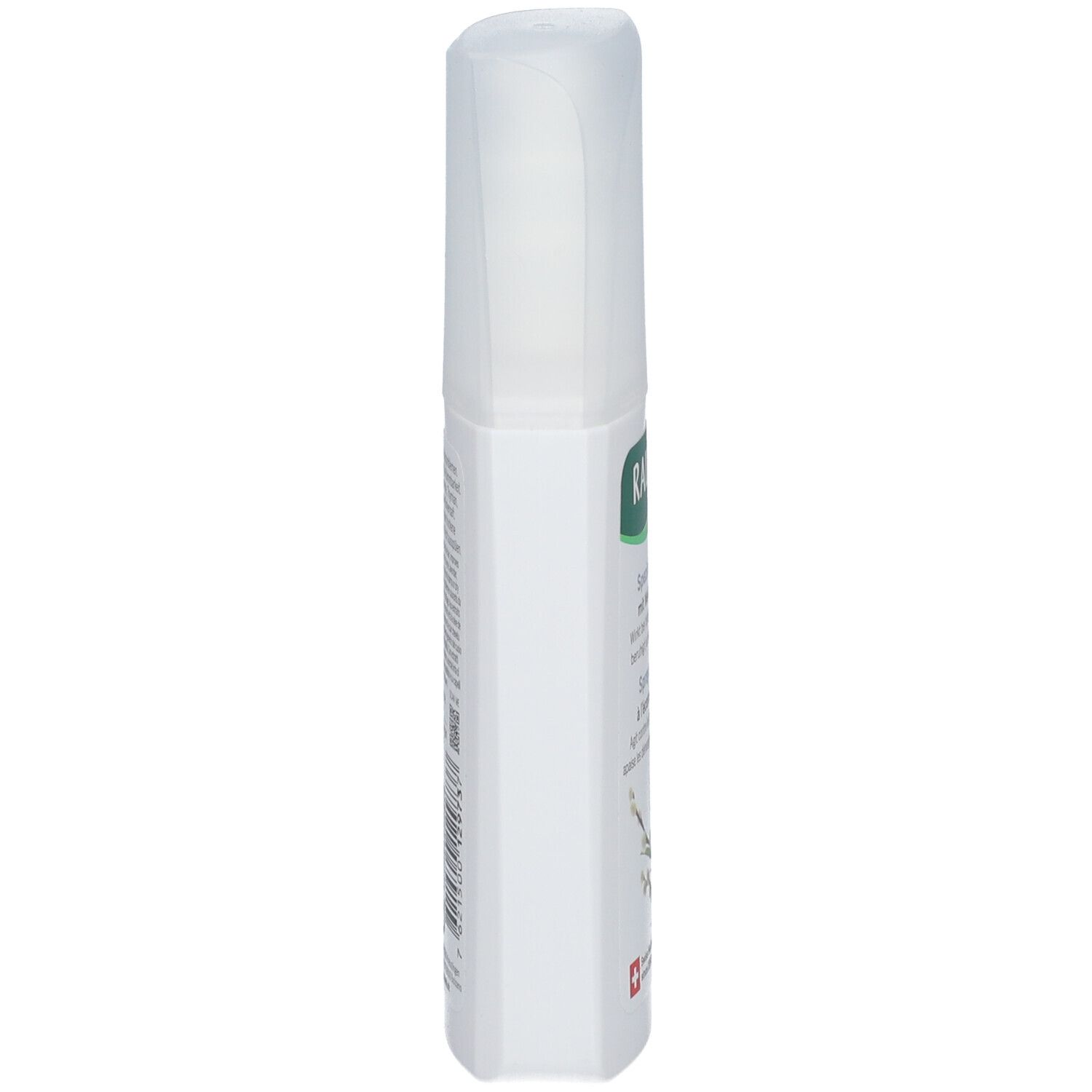 Spray blanc avec bouchon transparent. Vue latérale. Texte sur l'étiquette.