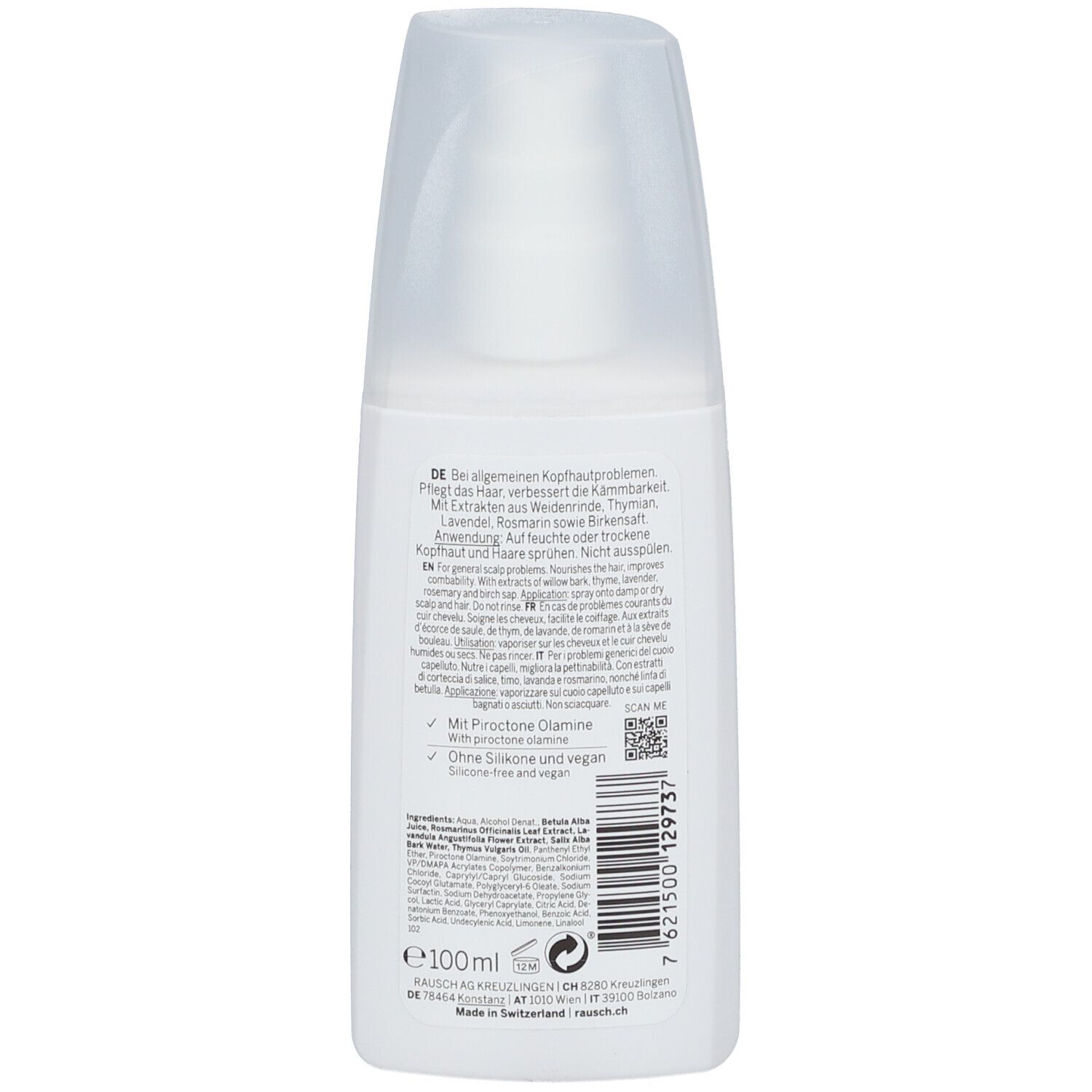 Dos du spray blanc. Texte en allemand et anglais. Ingrédients, code QR, informations fabricant, volume 100ml.