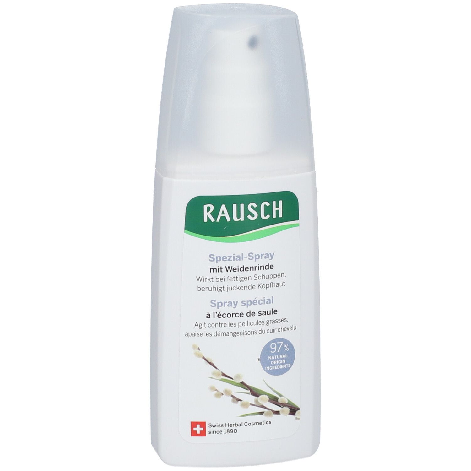 Spray blanc avec étiquette verte. Inscription : RAUSCH, Spray spécial à l'écorce de saule. 97% ingrédients naturels. Cosmétiques suisses aux herbes.
