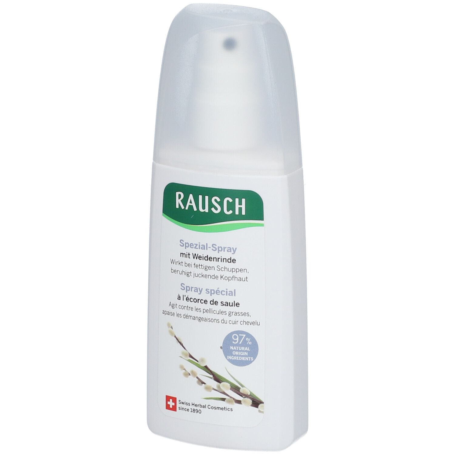 Spray blanc avec étiquette verte. Inscription : RAUSCH, Spray spécial à l'écorce de saule. 97% ingrédients naturels. Cosmétiques suisses aux herbes.