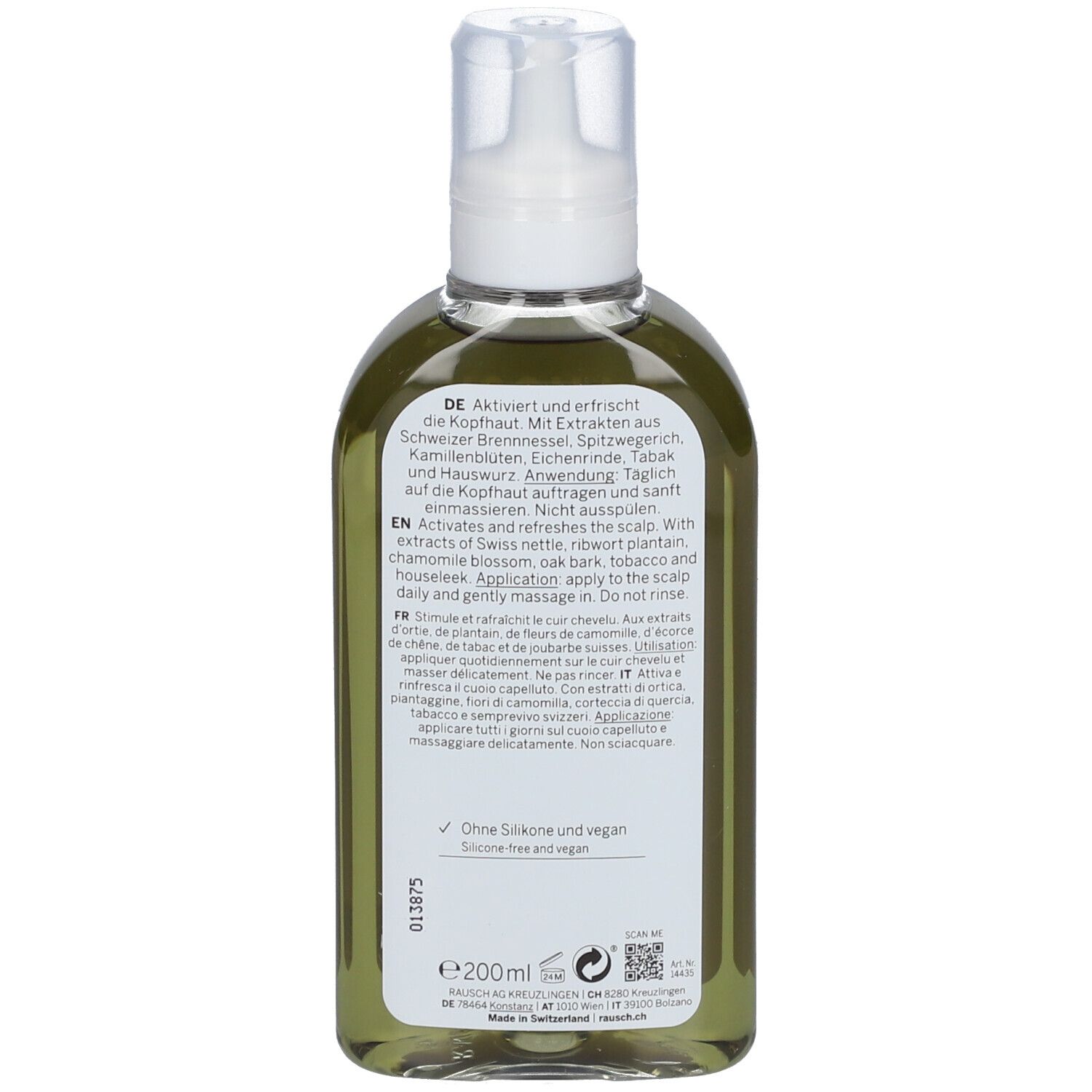 Achterkant van de groene fles. Tekst in meerdere talen. 200ml. Zonder siliconen en vegan.