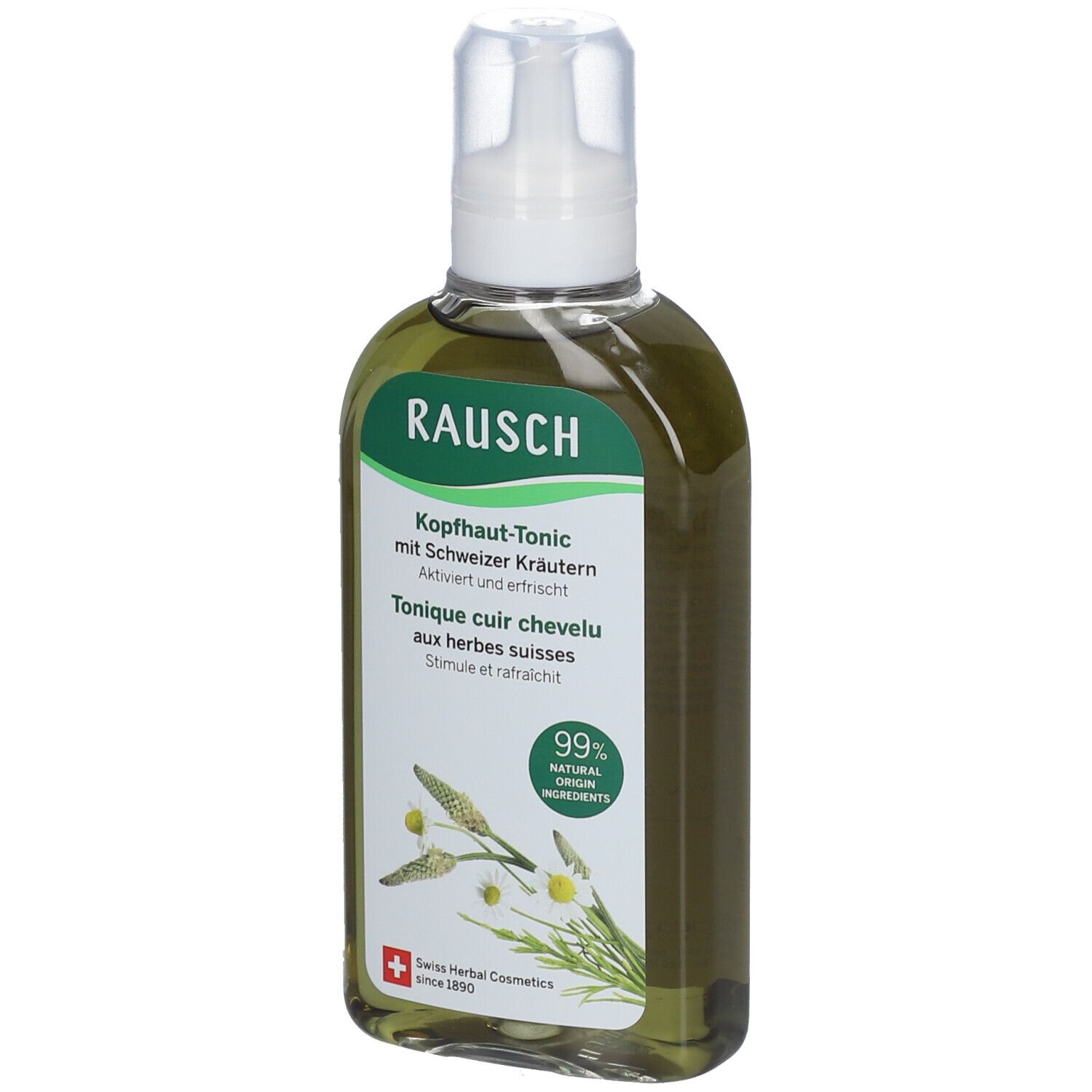 Groene fles met witte dop. Opschrift: RAUSCH Hoofdhuid-Tonic. 99% natuurlijke ingrediënten. Zwitserse kruiden.