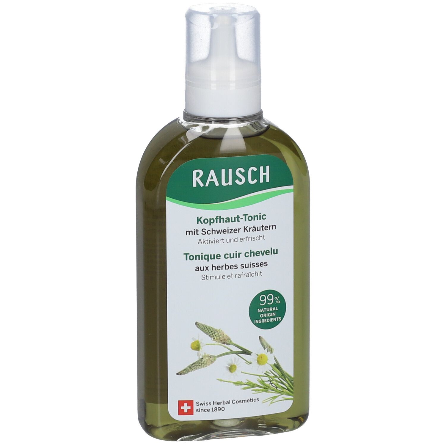 Groene fles met witte dop. Opschrift: RAUSCH Hoofdhuid-Tonic. 99% natuurlijke ingrediënten. Zwitserse kruiden.