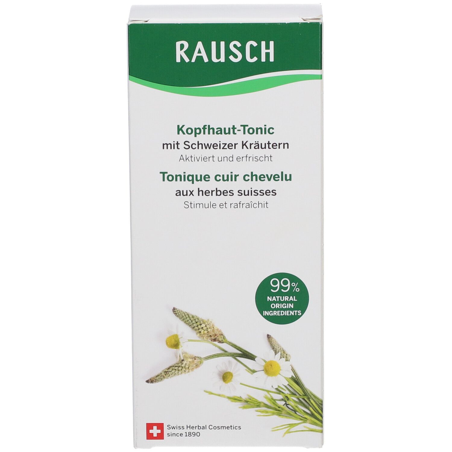 Witte doos. Opschrift: RAUSCH Hoofdhuid-Tonic. 99% natuurlijke ingrediënten. Zwitserse kruiden.