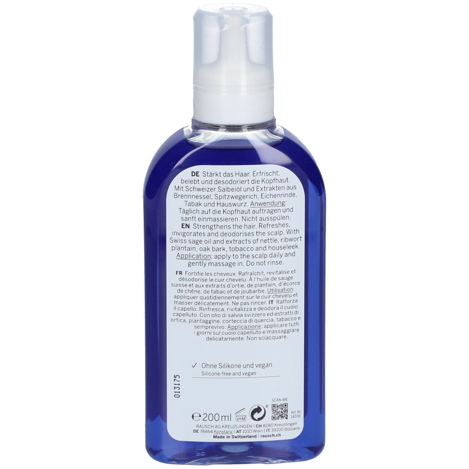 Dos du flacon bleu. Texte en allemand, anglais et français. Contient des informations sur les ingrédients et l'utilisation.