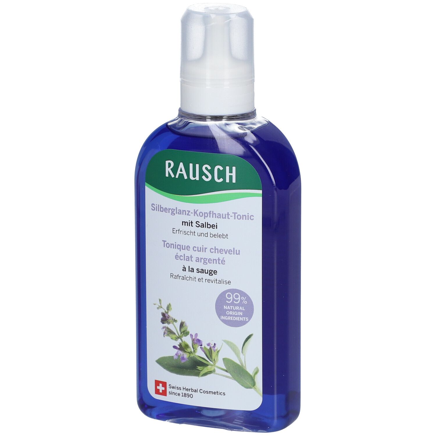 Flacon bleu avec bouchon blanc. Inscription: RAUSCH, Tonique cuir chevelu éclat argenté à la sauge. 99% ingrédients naturels.