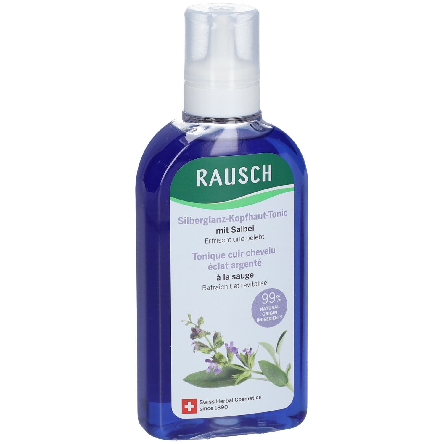 Flacon bleu avec bouchon blanc. Inscription: RAUSCH, Tonique cuir chevelu éclat argenté à la sauge. 99% ingrédients naturels.