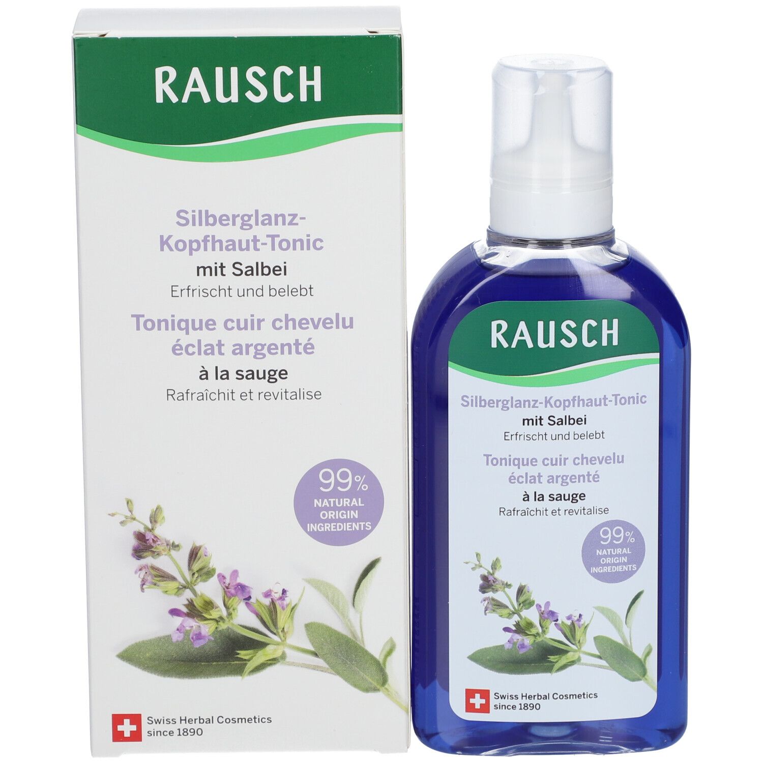 Flacon et emballage. Flacon: RAUSCH, Tonique cuir chevelu. Emballage: même inscription, 99% ingrédients naturels.