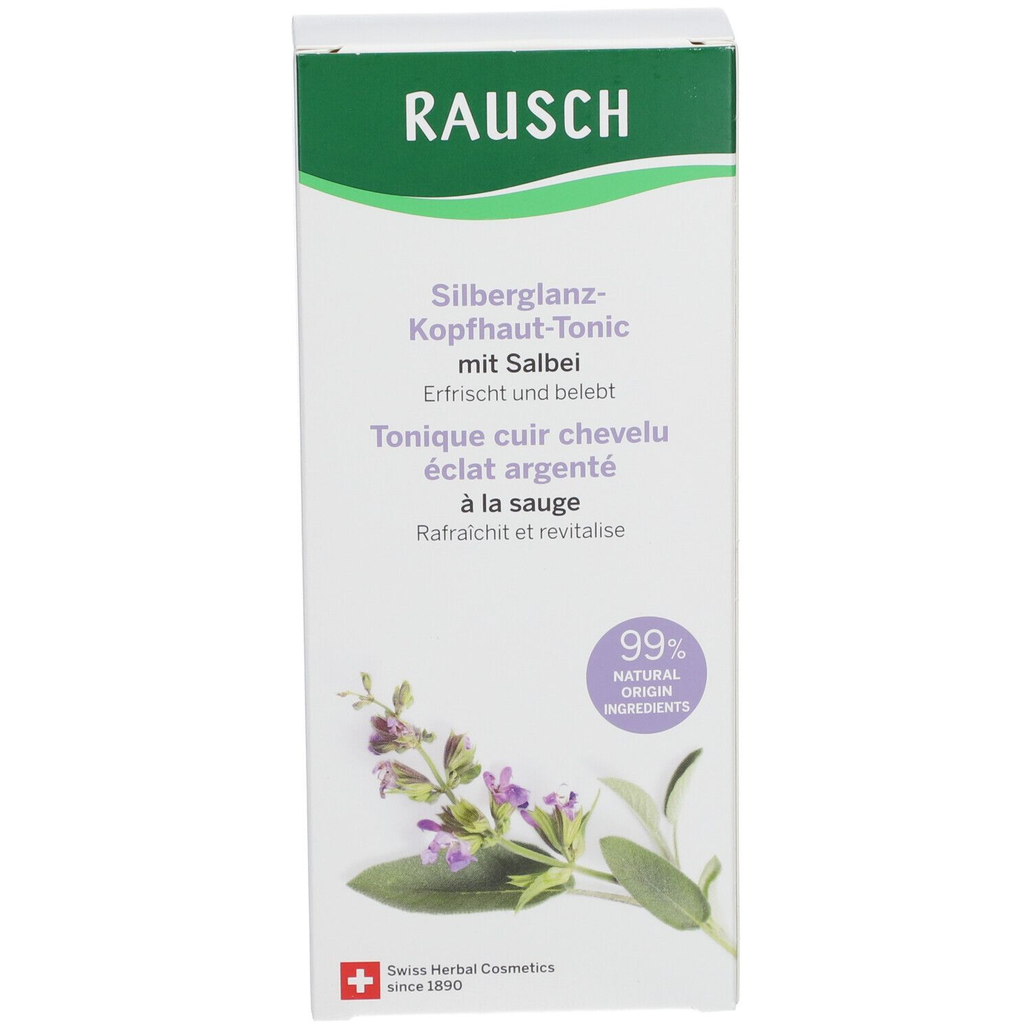 Emballage. Inscription: RAUSCH, Tonique cuir chevelu éclat argenté à la sauge. 99% ingrédients naturels.