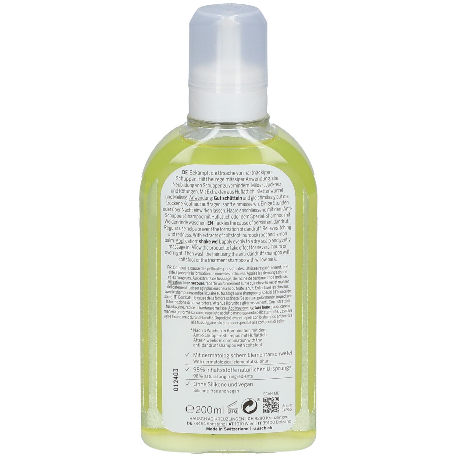 Dos de la lotion pour le cuir chevelu. Texte en allemand et en anglais. Contient des informations sur les ingrédients et l'utilisation.