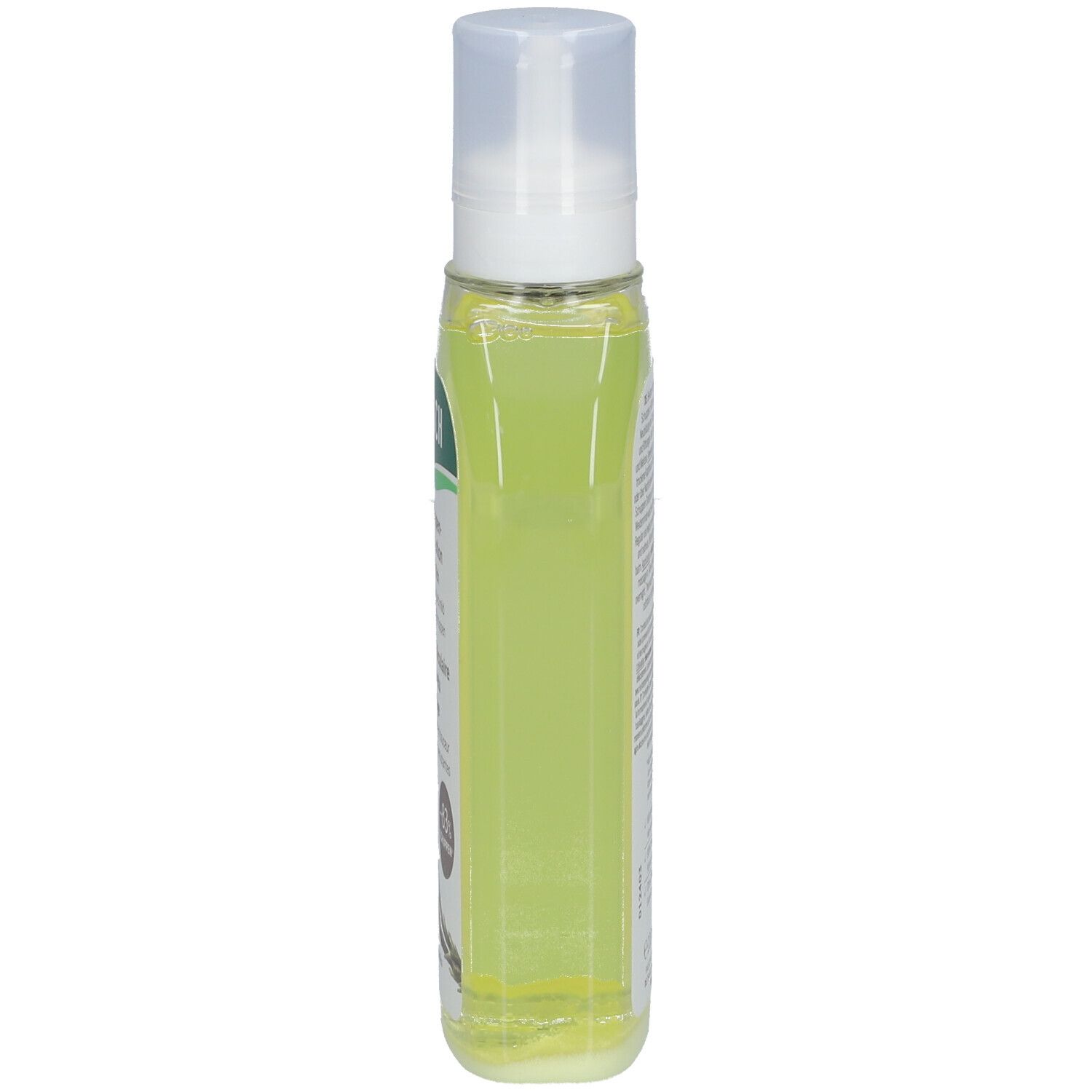 Lotion pour le cuir chevelu avec bouchon pulvérisateur blanc. Bouteille transparente avec liquide jaunâtre. Étiquette avec texte.