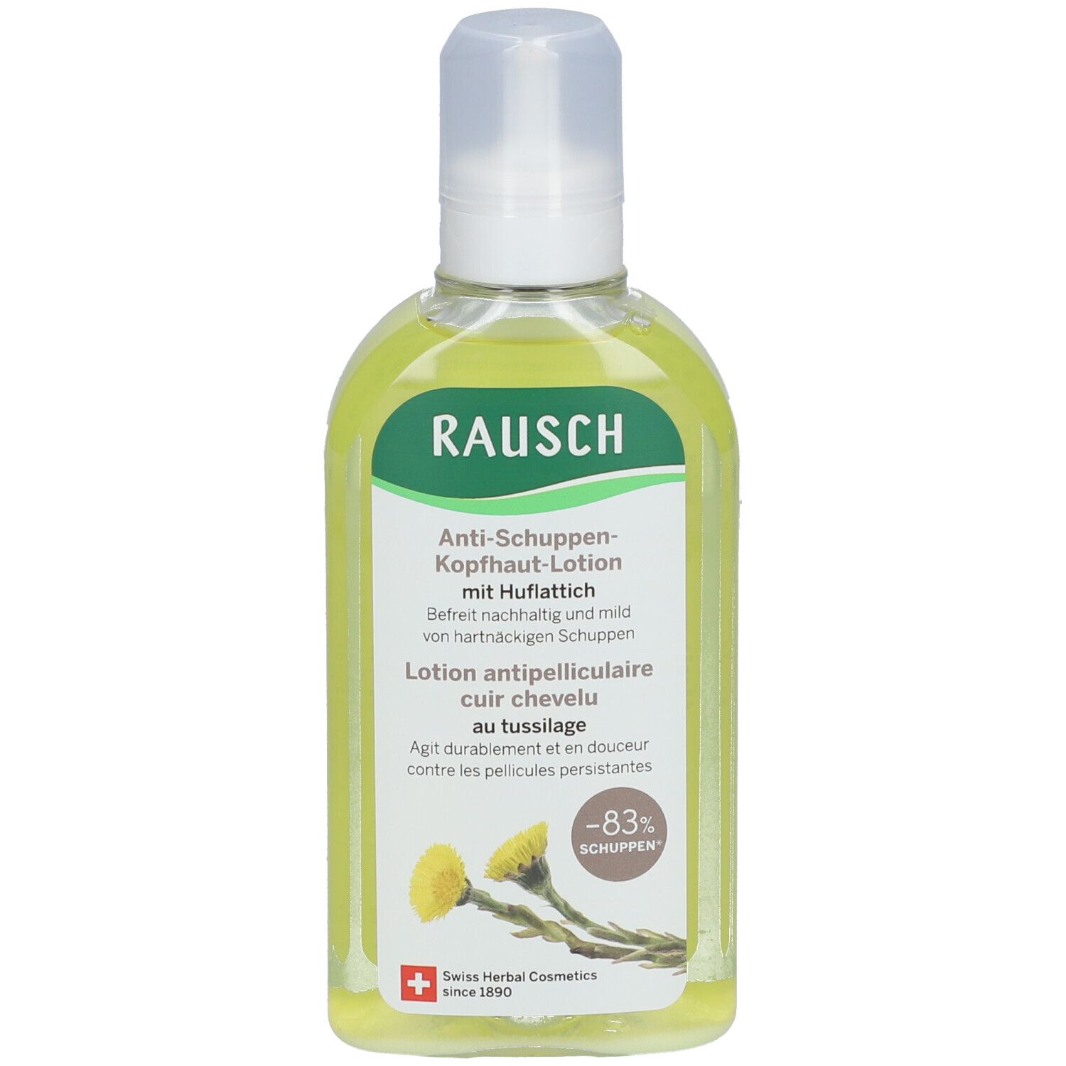 Lotion pour le cuir chevelu avec liquide jaune. Bouchon pulvérisateur blanc. Inscription RAUSCH. Étiquette avec texte et logo.