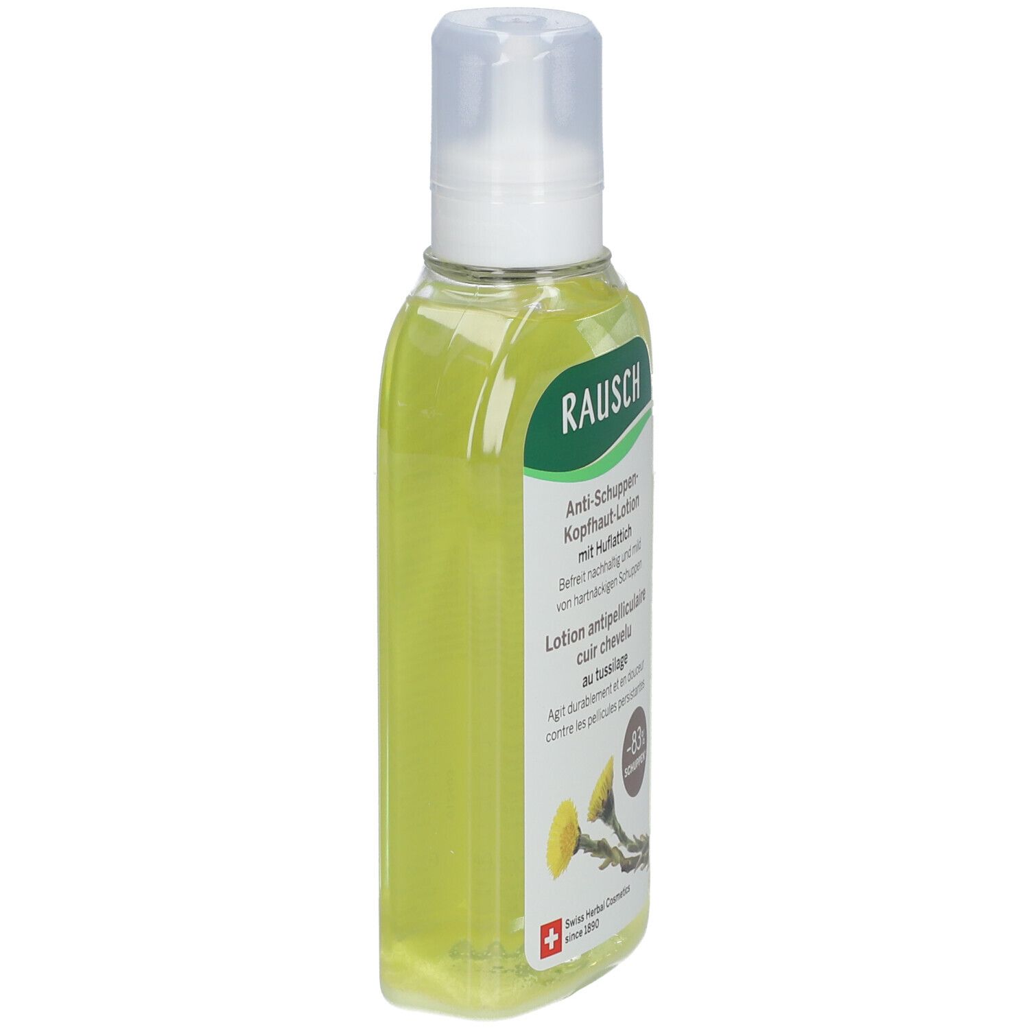 Lotion pour le cuir chevelu avec liquide jaune. Bouchon pulvérisateur blanc. Inscription RAUSCH. Étiquette avec texte et logo.