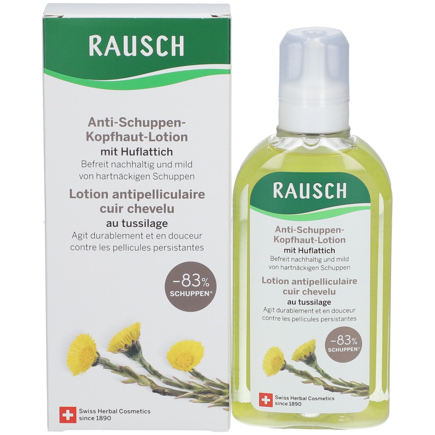 Lotion pour le cuir chevelu et emballage. Inscription RAUSCH. Texte sur l'emballage et le flacon. Logo et illustration.