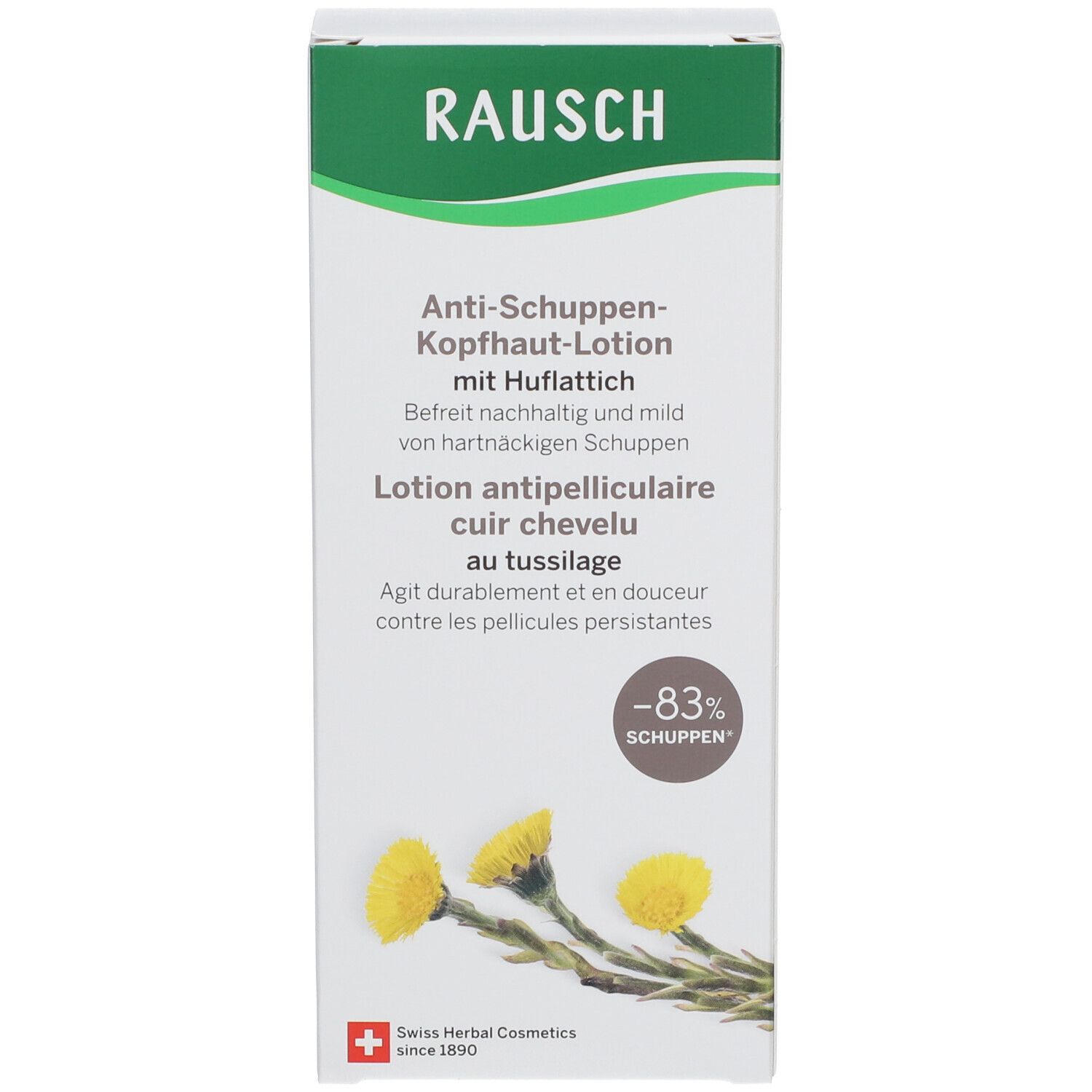 Emballage de la lotion pour le cuir chevelu. Inscription RAUSCH. Texte sur l'emballage. Logo et illustration.