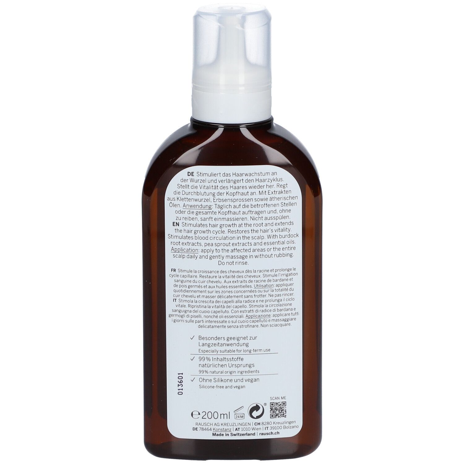 Achterkant van de bruine fles met witte dop. Tekst op etiket. 200ml. Swiss Herbal Cosmetics.