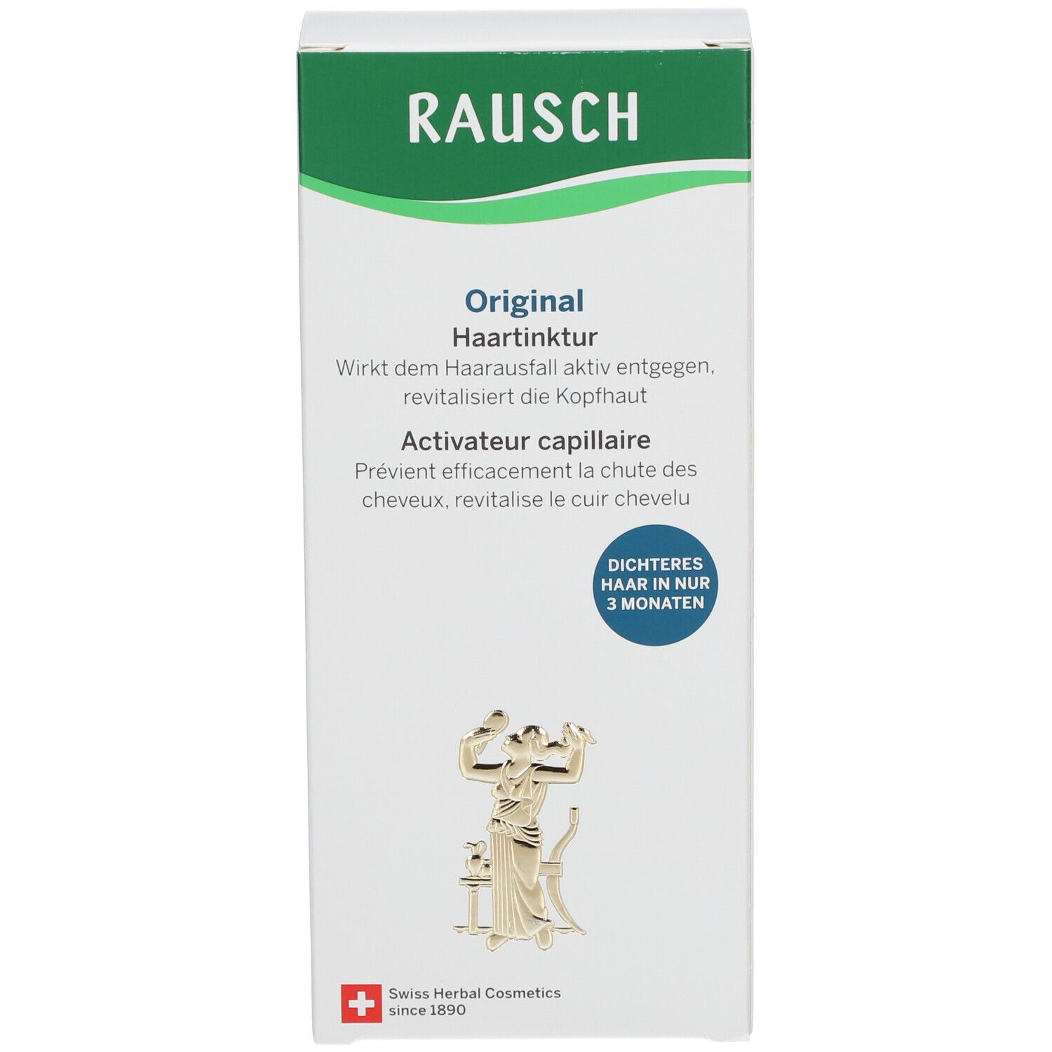 Kartonnen verpakking. Opschrift: RAUSCH Original Haartinktur. Groen design. Swiss Herbal Cosmetics.