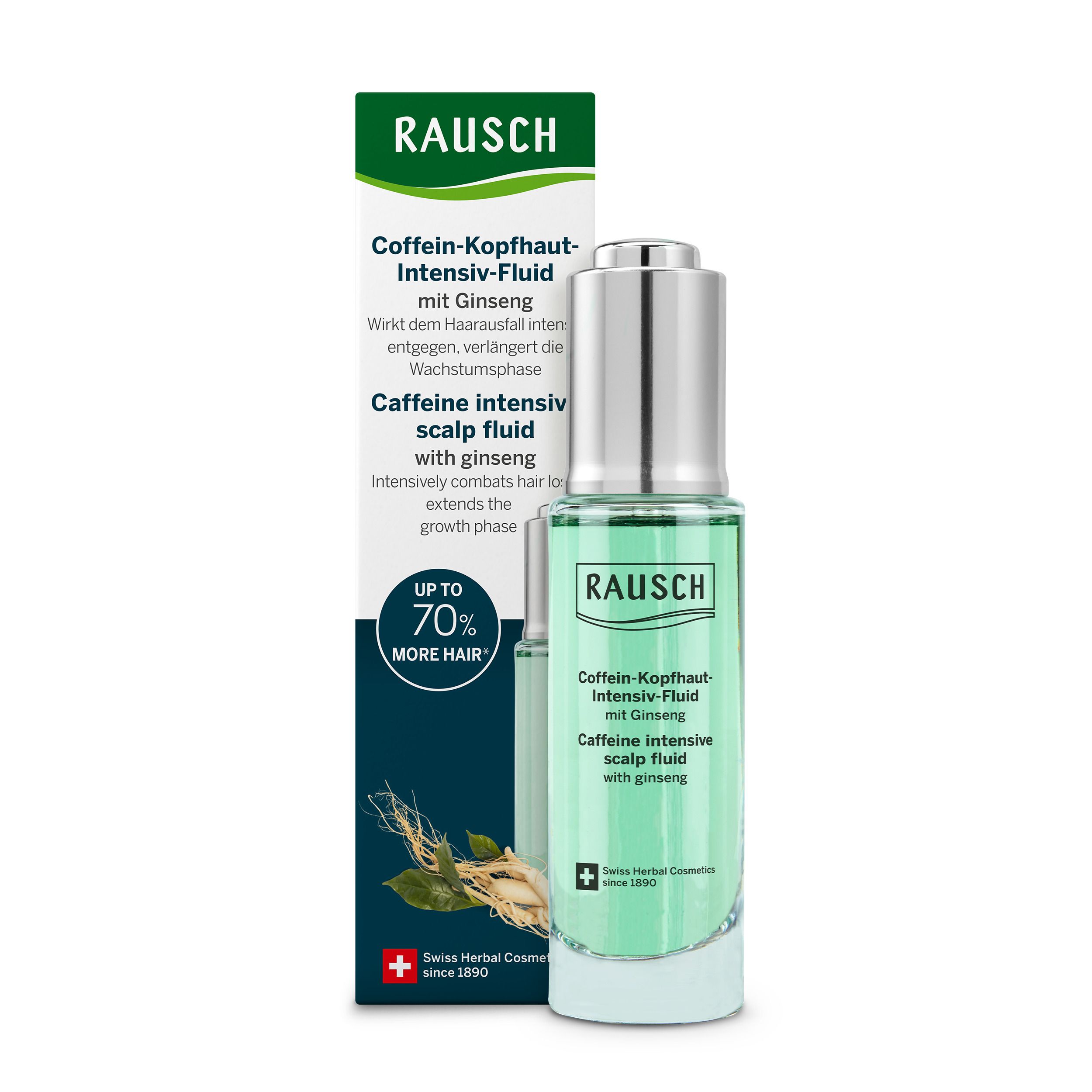 Fluide intensif pour cuir chevelu à la caféine Rausch avec ginseng dans un flacon en verre avec pipette. Boîte avec racines de ginseng et texte.