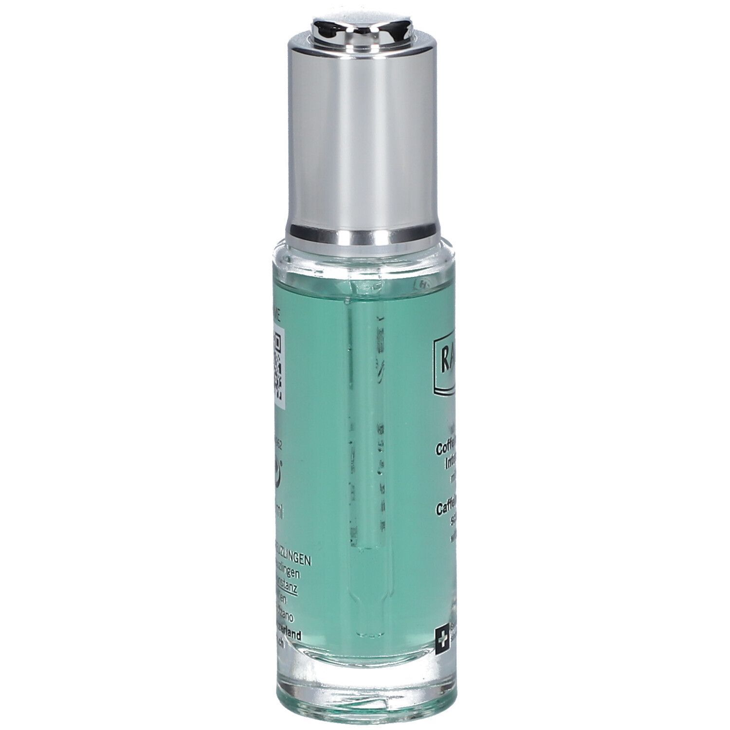 Glazen fles met zilveren dop. Groene vloeistof zichtbaar. Opschrift: RAUSCH, Coffein-Kopfhaut-Intensiv-Fluid.