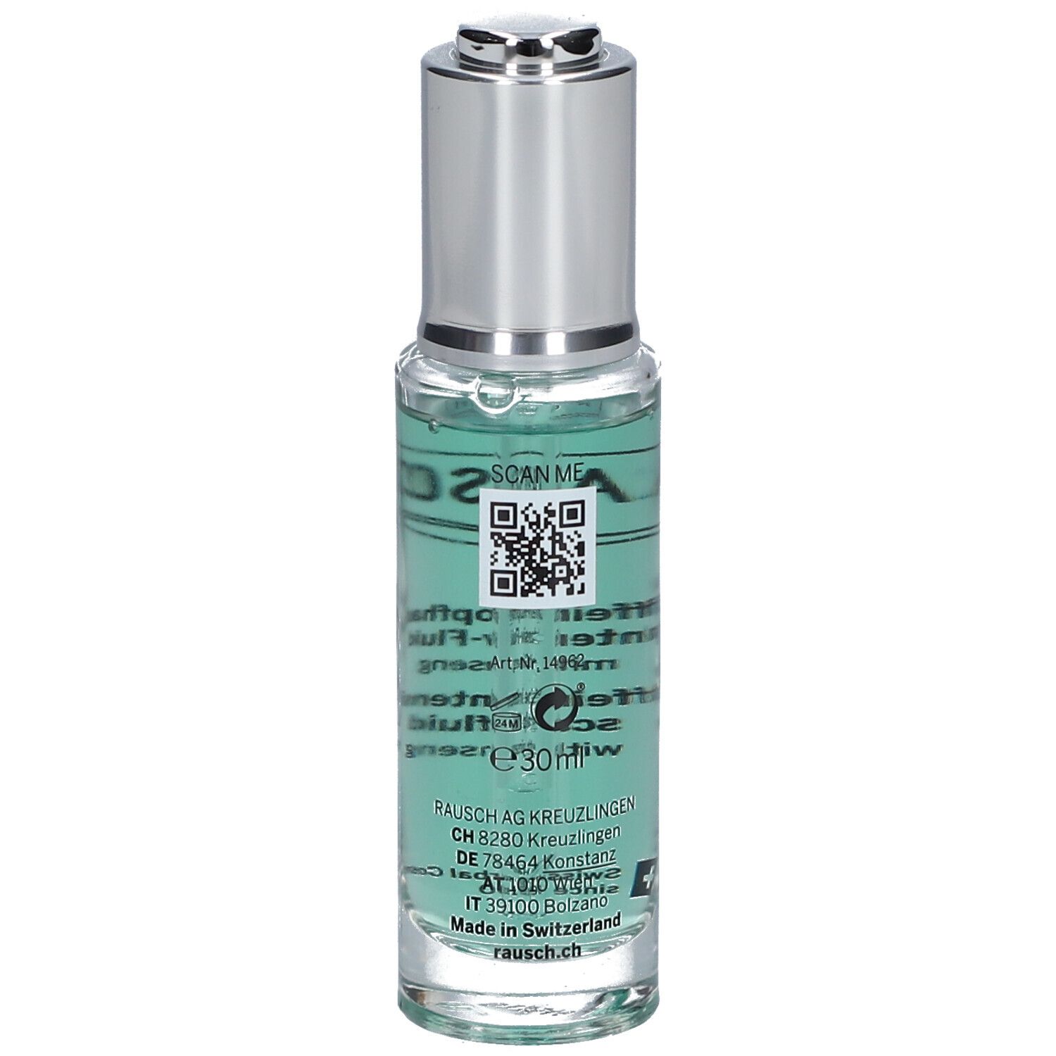 Glazen fles met zilveren dop. QR-code en productinformatie op etiket. Opschrift: RAUSCH.