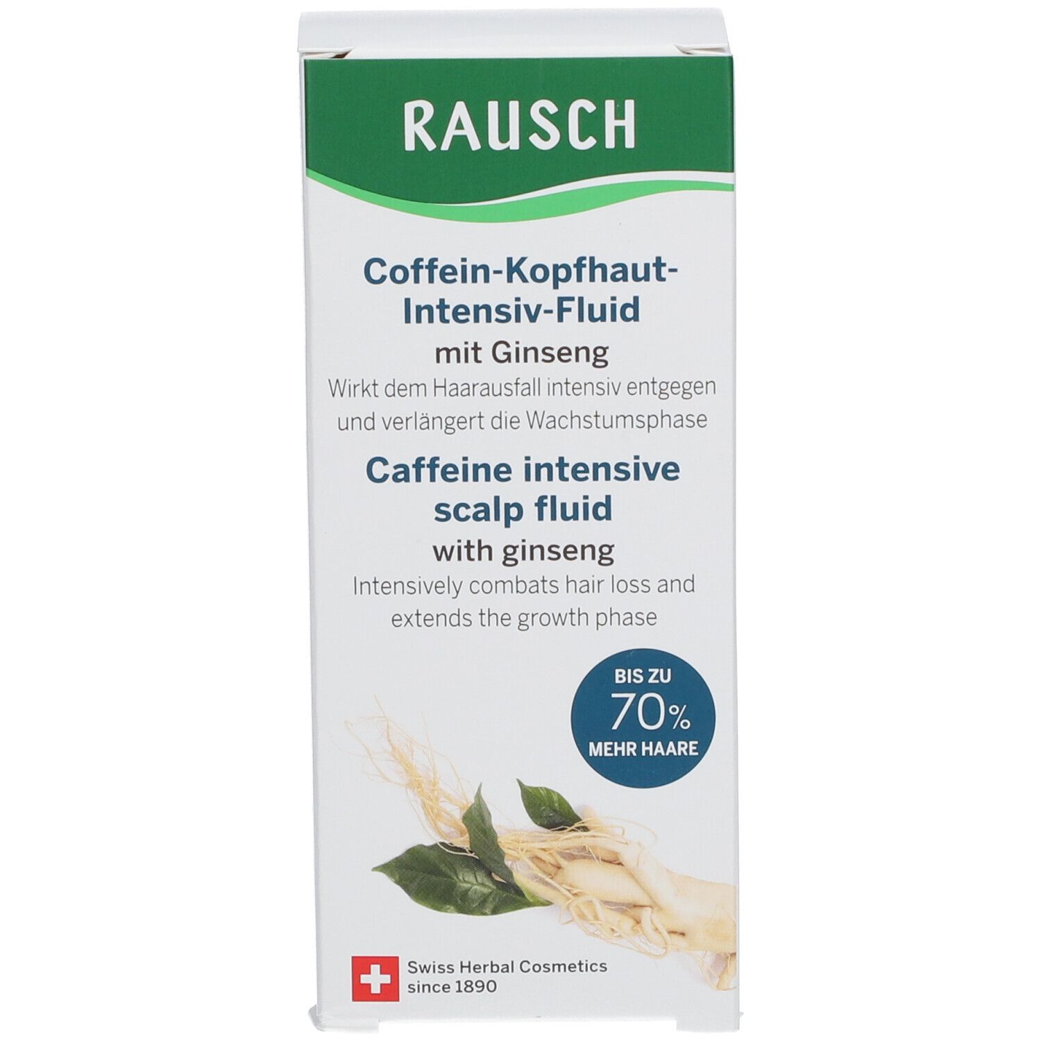 Productverpakking met opschrift: RAUSCH, Coffein-Kopfhaut-Intensiv-Fluid. Tot 70% meer haar. Afbeelding van ginseng.