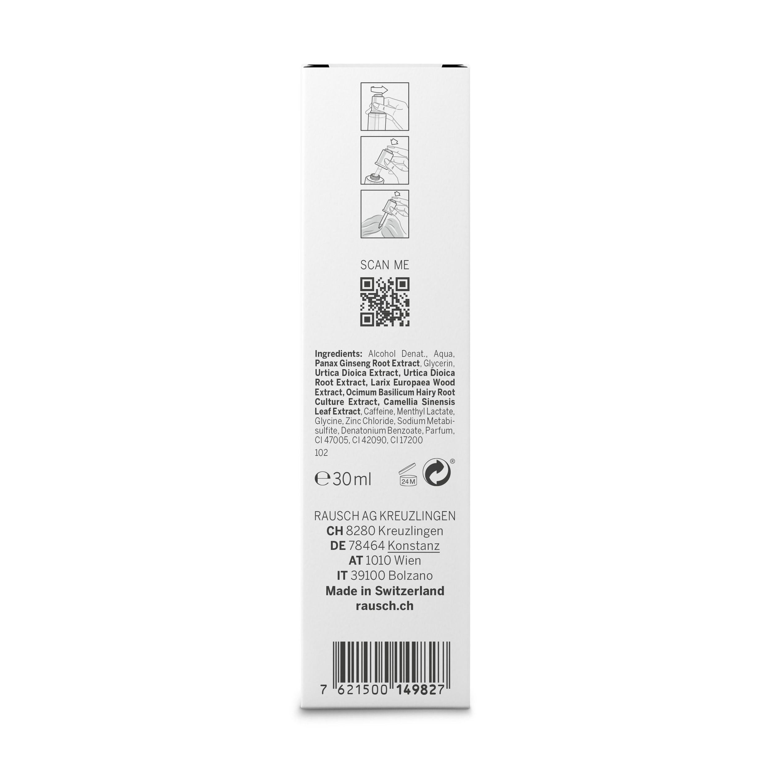 Emballage de 30ml avec liste des ingrédients et code-barres. Fabriqué en Suisse.