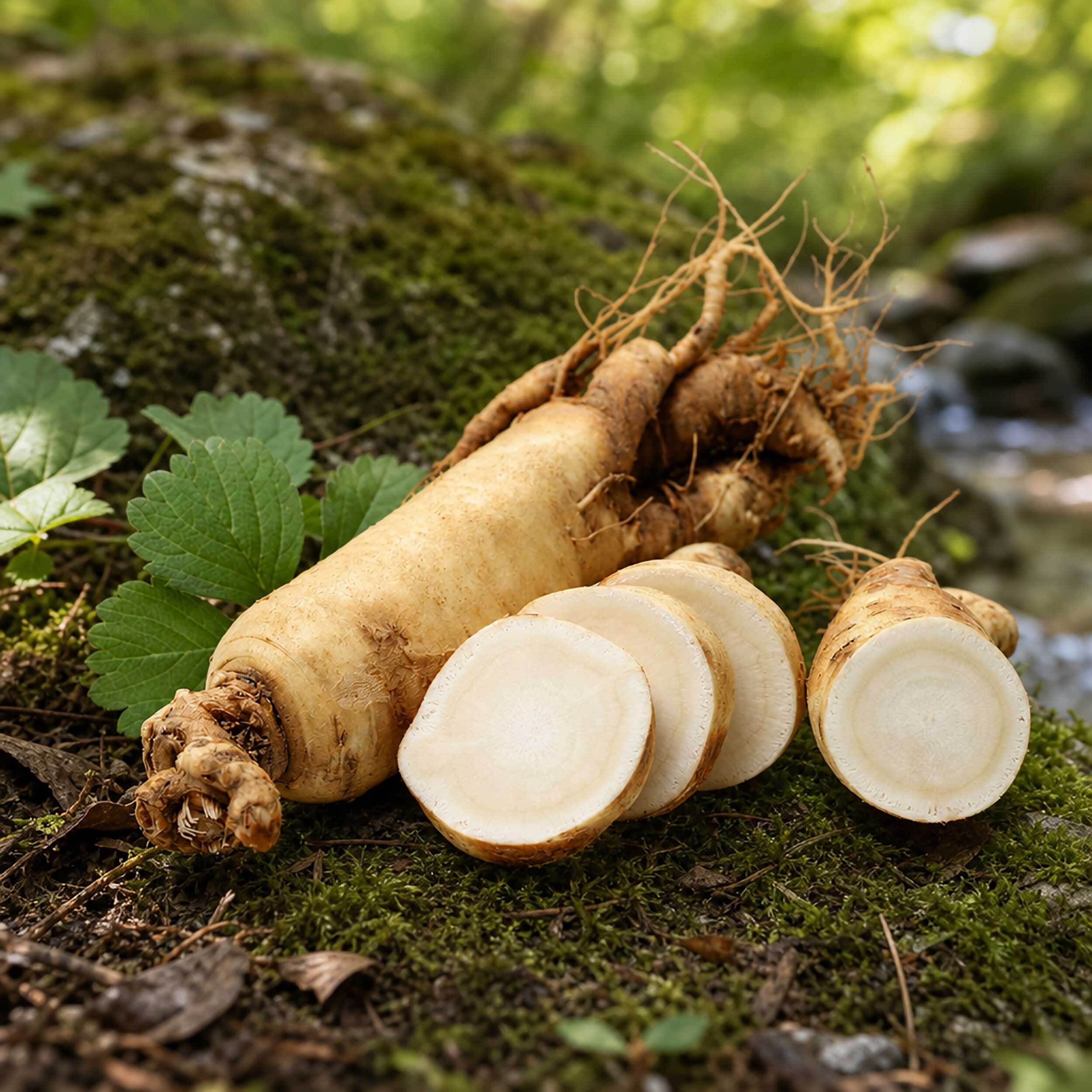 Racine de ginseng, entière et tranchée, avec racines et feuilles, sur une pierre recouverte de mousse.