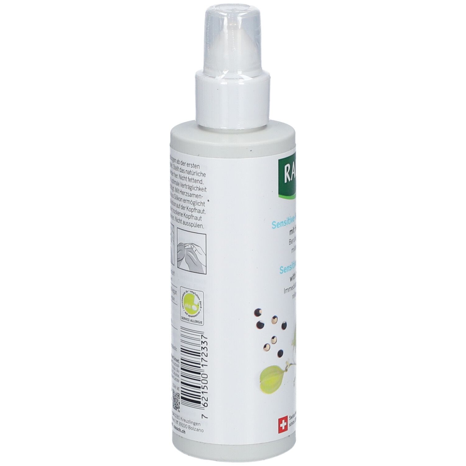 Flacon gris avec vaporisateur blanc. Dos avec texte et code-barres. Cosmétiques suisses aux herbes.