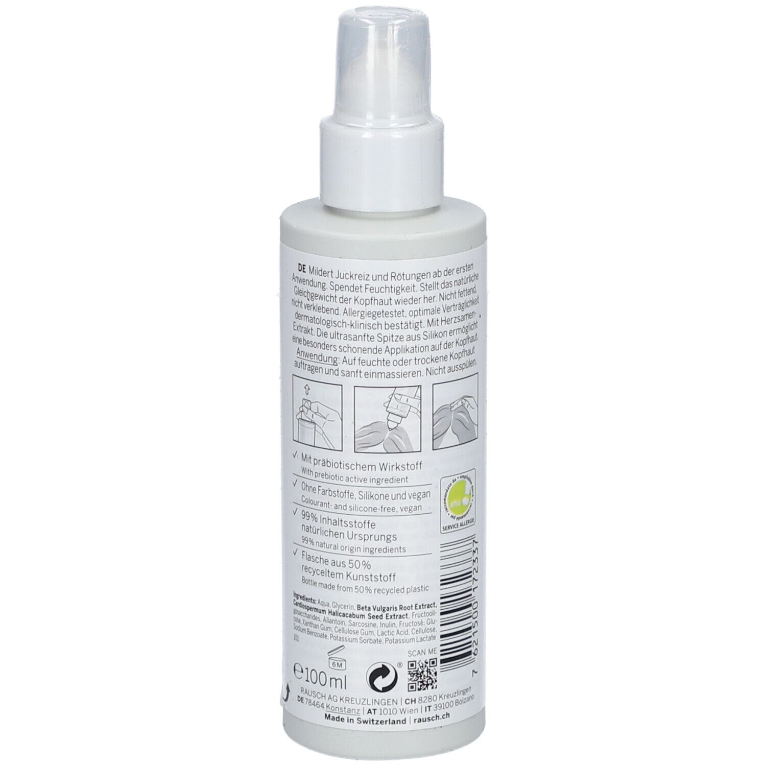 Flacon gris avec vaporisateur blanc. Dos avec texte et code-barres. Cosmétiques suisses aux herbes.