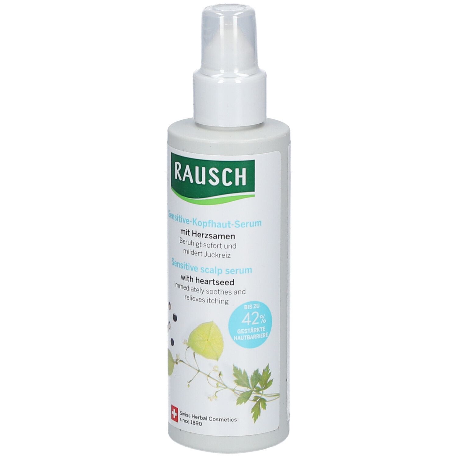 Flacon gris avec vaporisateur blanc. Inscription: RAUSCH, Sérum cuir chevelu sensible. Cosmétiques suisses aux herbes.