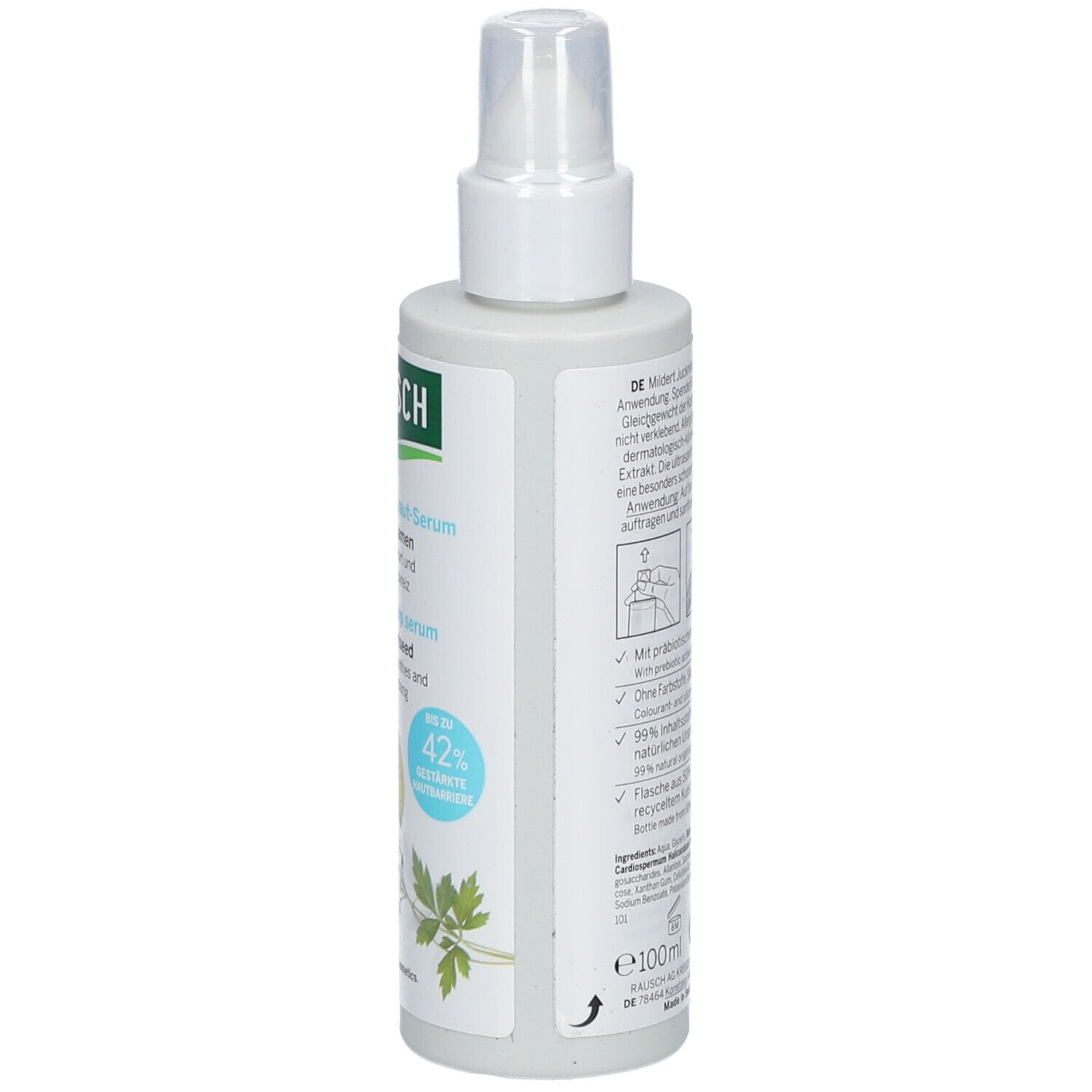 Flacon gris avec vaporisateur blanc. Inscription: RAUSCH, Sérum cuir chevelu sensible. Cosmétiques suisses aux herbes.