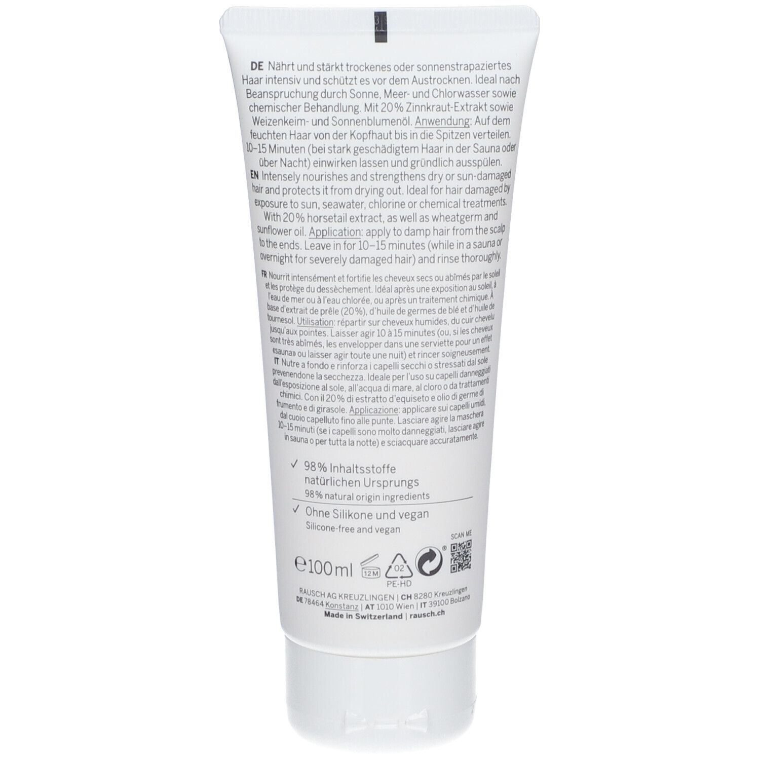 Dos du tube avec texte multilingue. Contient des informations sur les ingrédients et l'utilisation.