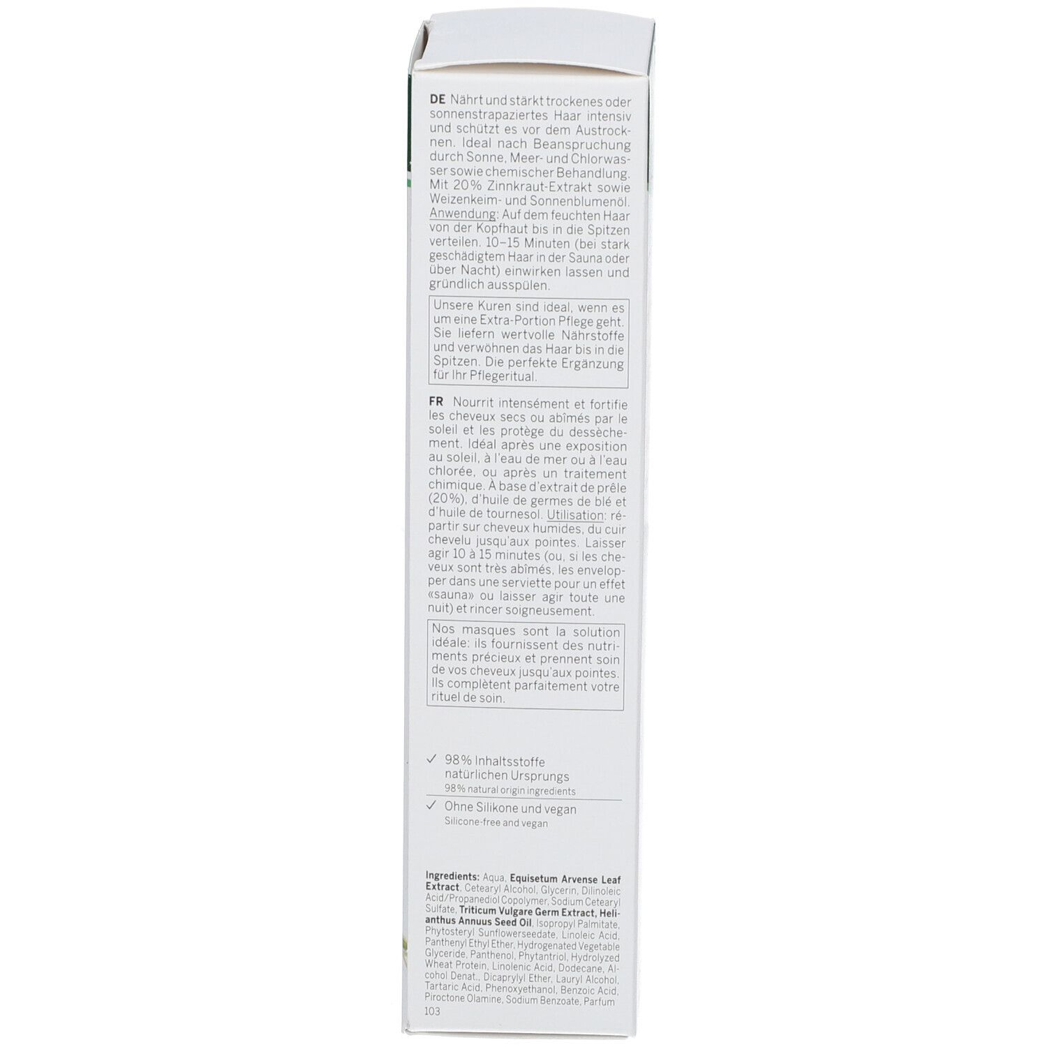 Dos de la boîte avec texte multilingue. Contient des informations sur les ingrédients et l'utilisation.