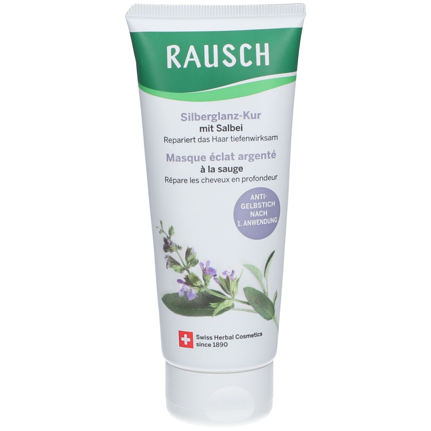 Tube blanche et verte RAUSCH. Texte: Masque éclat argenté à la sauge. Illustration de sauge. Inscription: Anti-jaunissement après 1 application.