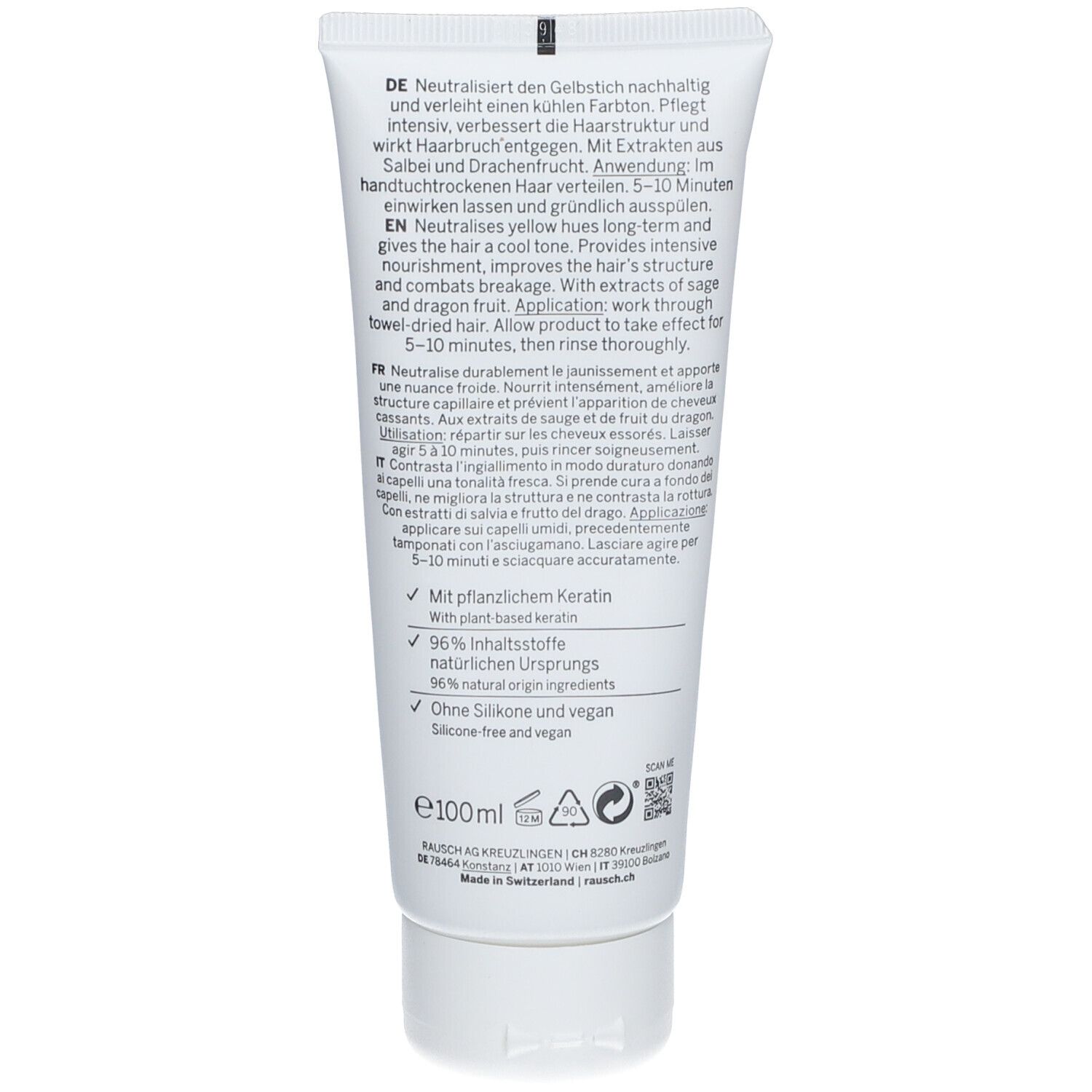 Dos du tube. Texte en allemand, anglais, français et italien. Informations sur les ingrédients et l'utilisation.