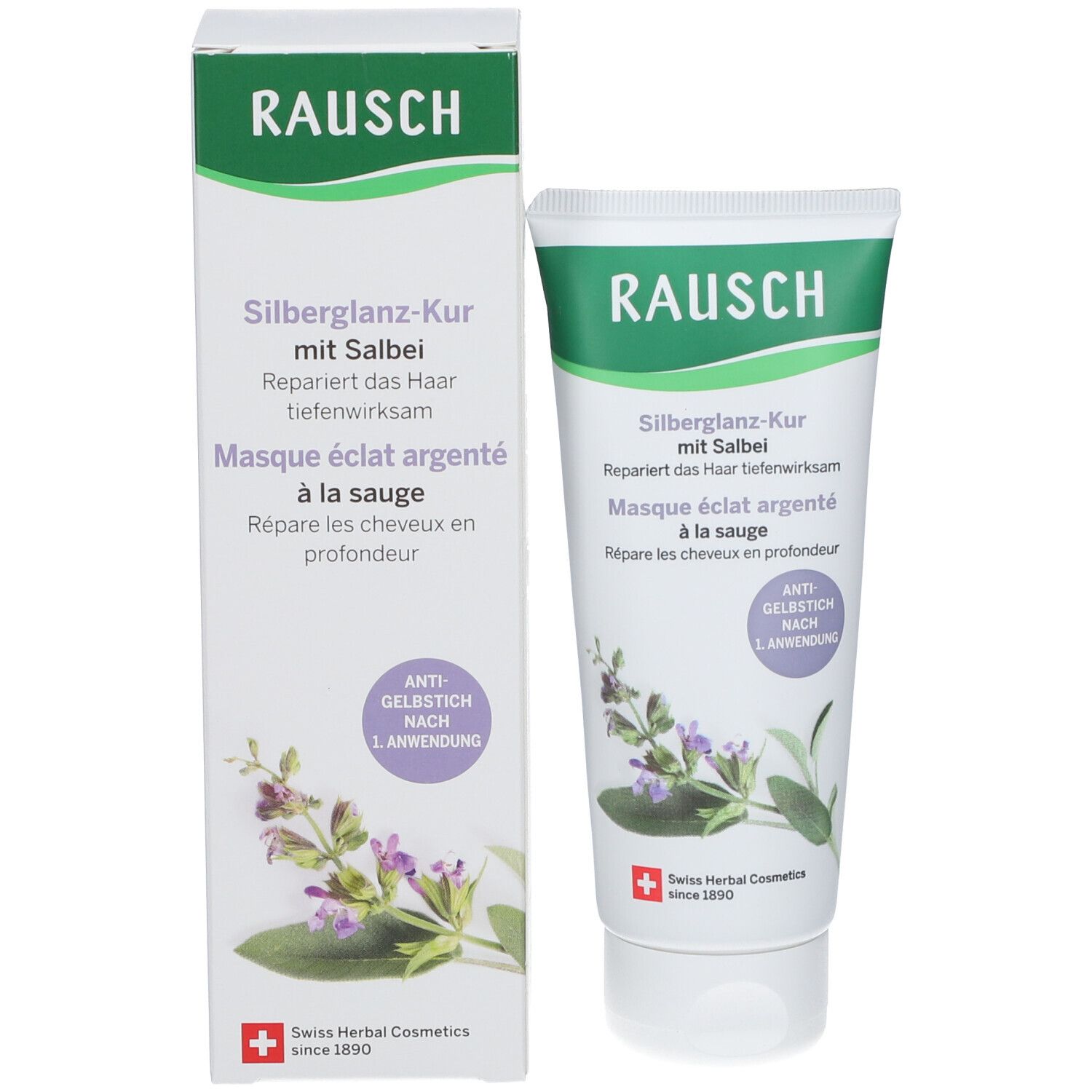 Emballage du produit: tube et boîte. Logo RAUSCH et nom du produit. Illustration de sauge. Texte: Masque éclat argenté à la sauge.