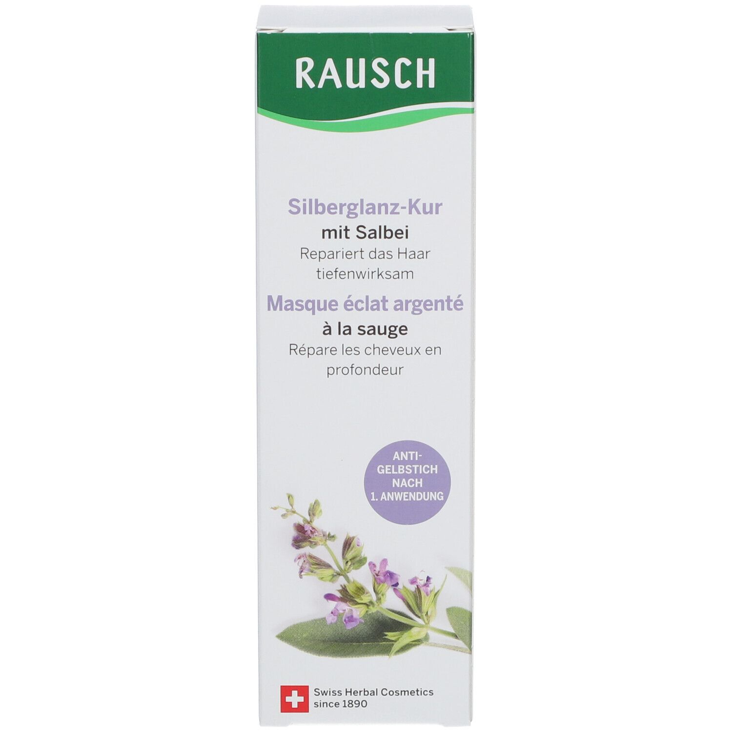 Boîte avec logo RAUSCH et nom du produit. Illustration de sauge. Texte: Masque éclat argenté à la sauge. Anti-jaunissement après 1 application.