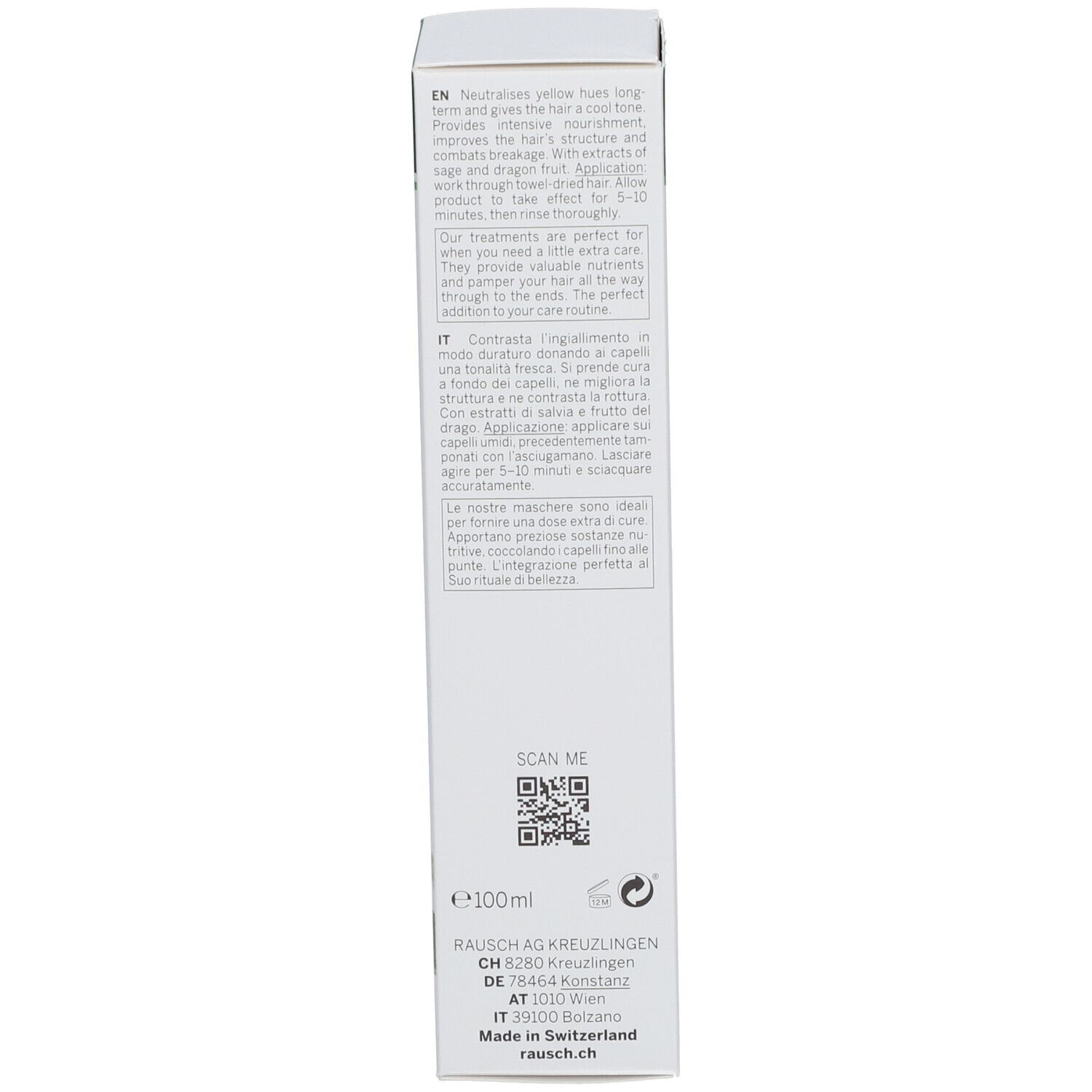 Côté de la boîte. Texte en anglais et italien. Code QR et informations sur le fabricant. Volume: 100 ml.