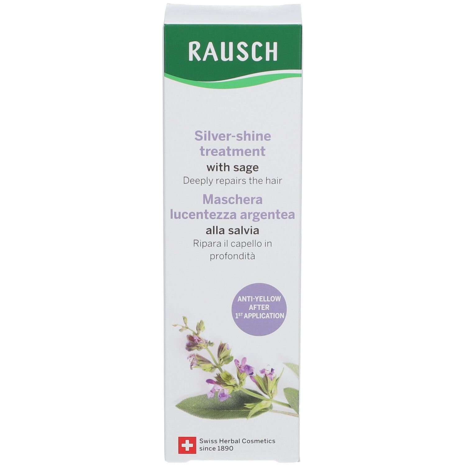Face avant de la boîte. Logo RAUSCH. Nom du produit: Silver-shine treatment with sage. Illustration de sauge. Anti-jaunissement après 1 application.