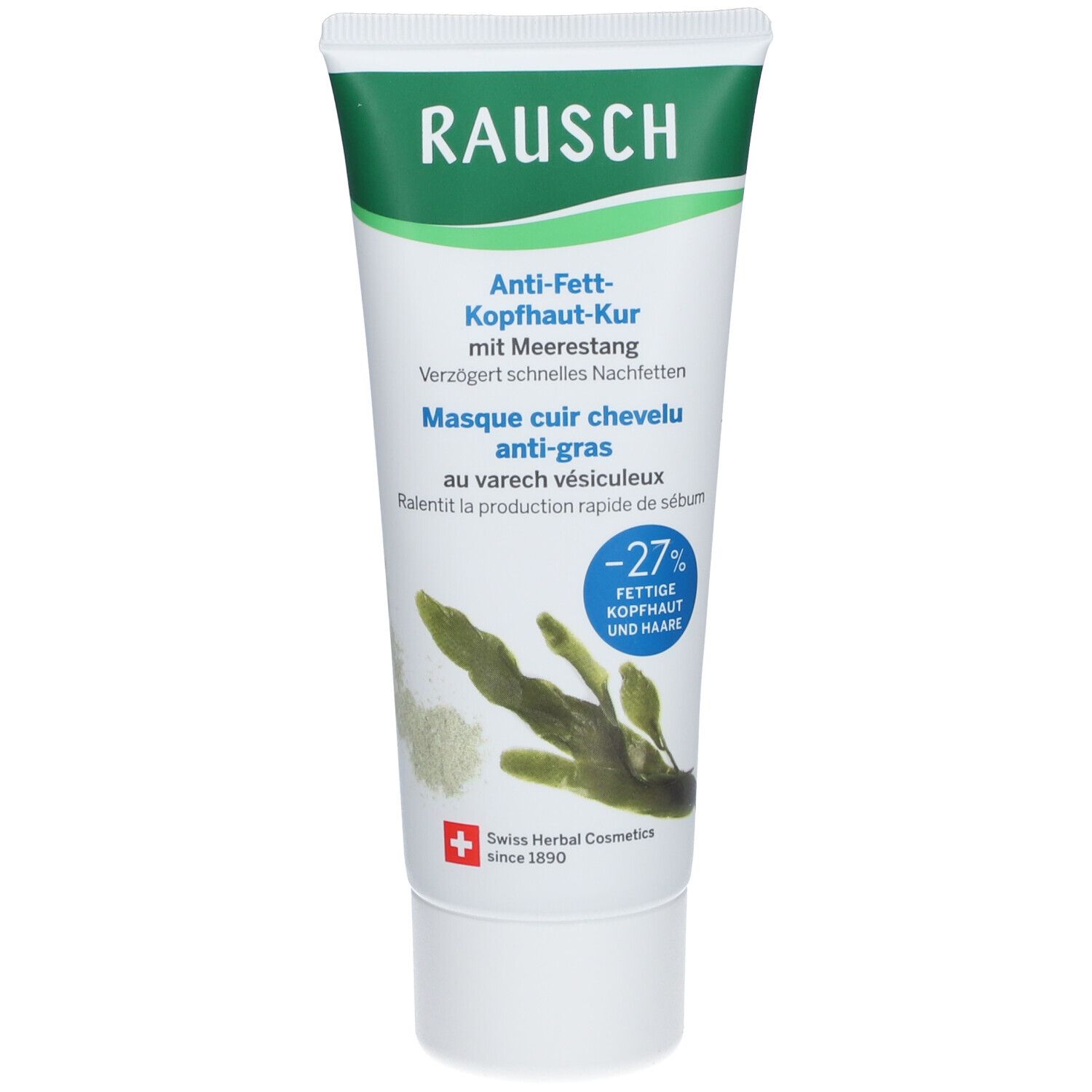 Tube blanc et vert. Texte: Masque cuir chevelu anti-gras au varech vésiculeux. Cosmétiques suisses.