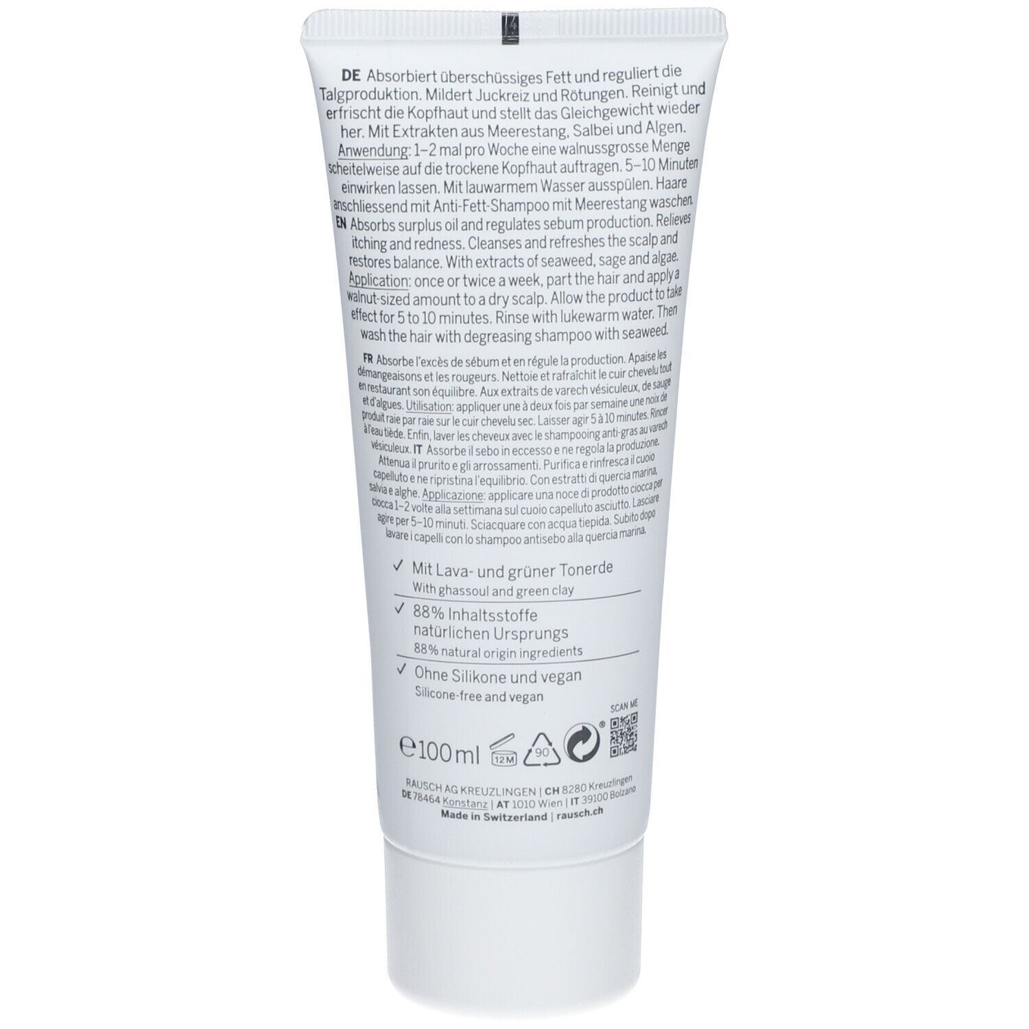 Dos du tube. Texte en allemand. Contient argile verte et de lave. 88% d'ingrédients d'origine naturelle.