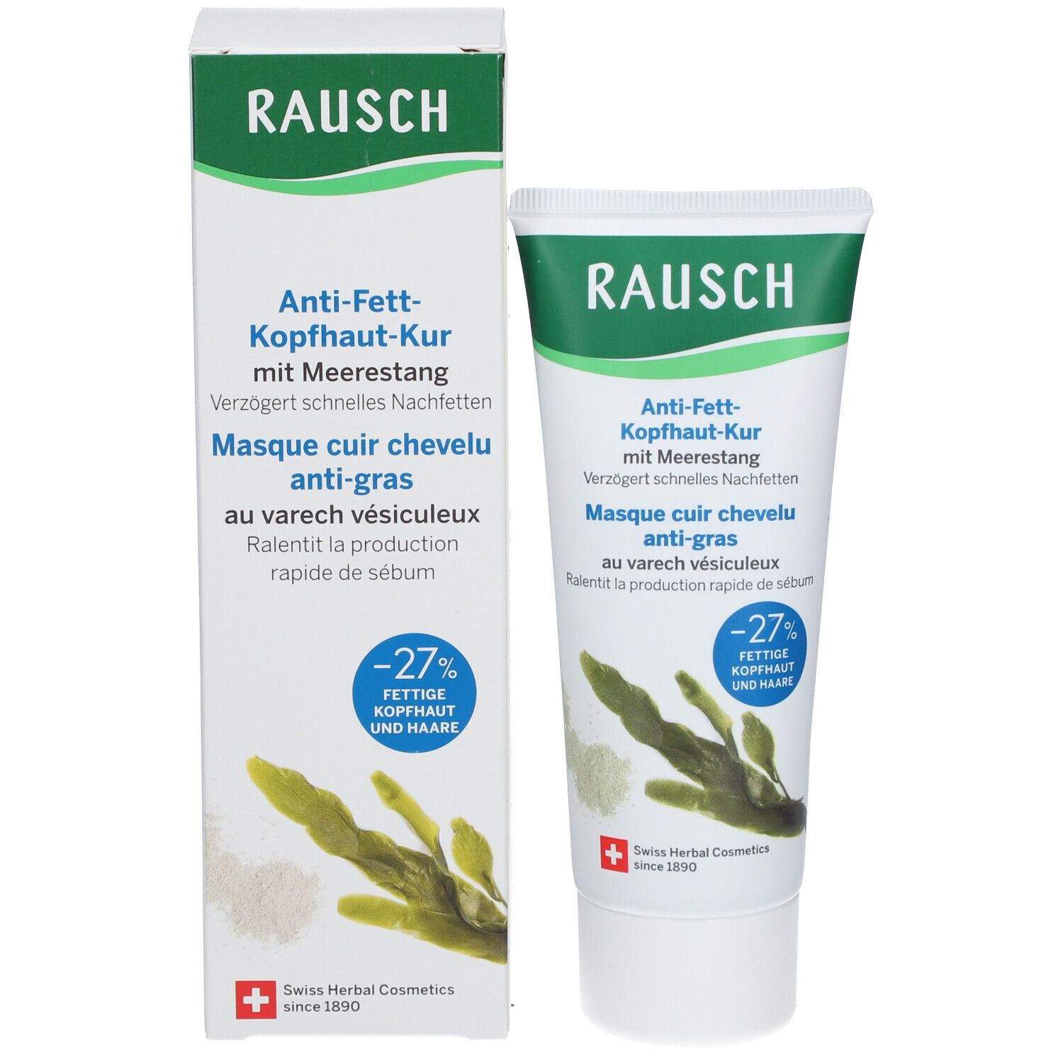 Emballage et tube. Design vert et blanc. Texte: Masque cuir chevelu anti-gras au varech vésiculeux.