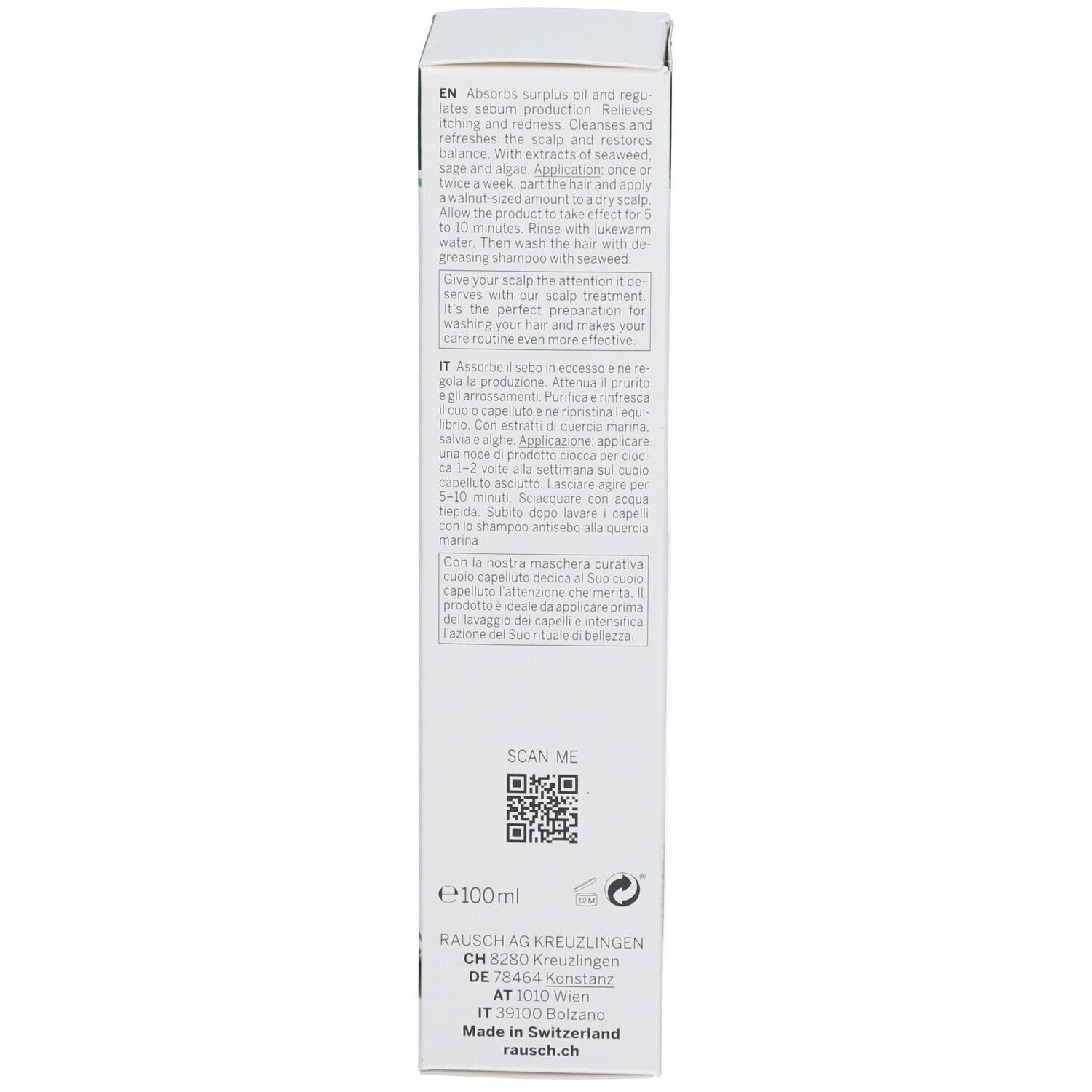 Emballage du produit, vue latérale. Texte en anglais et allemand. Contient 100ml. Code QR.